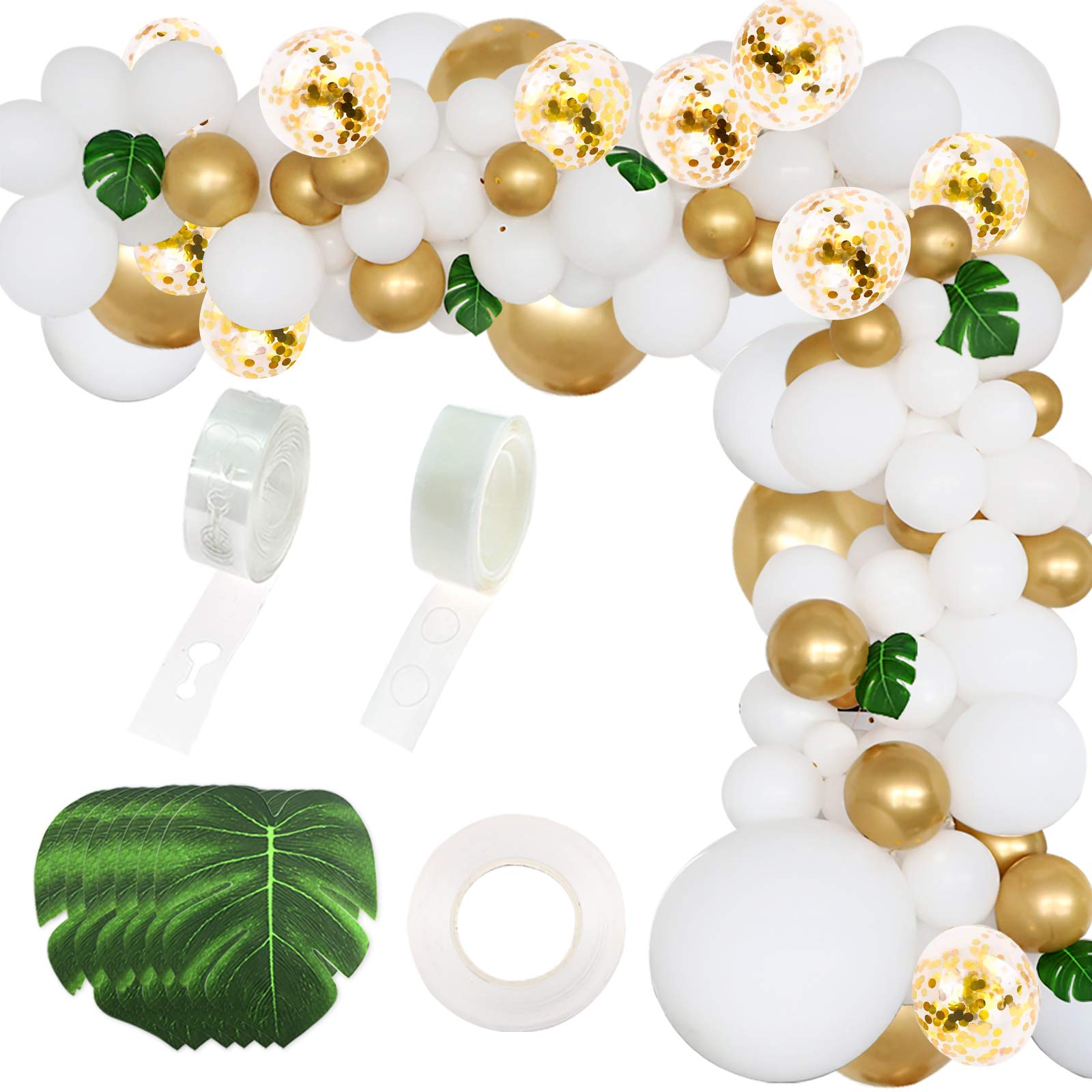 RUBFAC 146pcs White Gold Balloon Garland Arch Kit, with Clear Gold Confetti Balloons and Green Leaves for Shower, Wedding, Birthday, Graduation, Anniversary, Party DIY