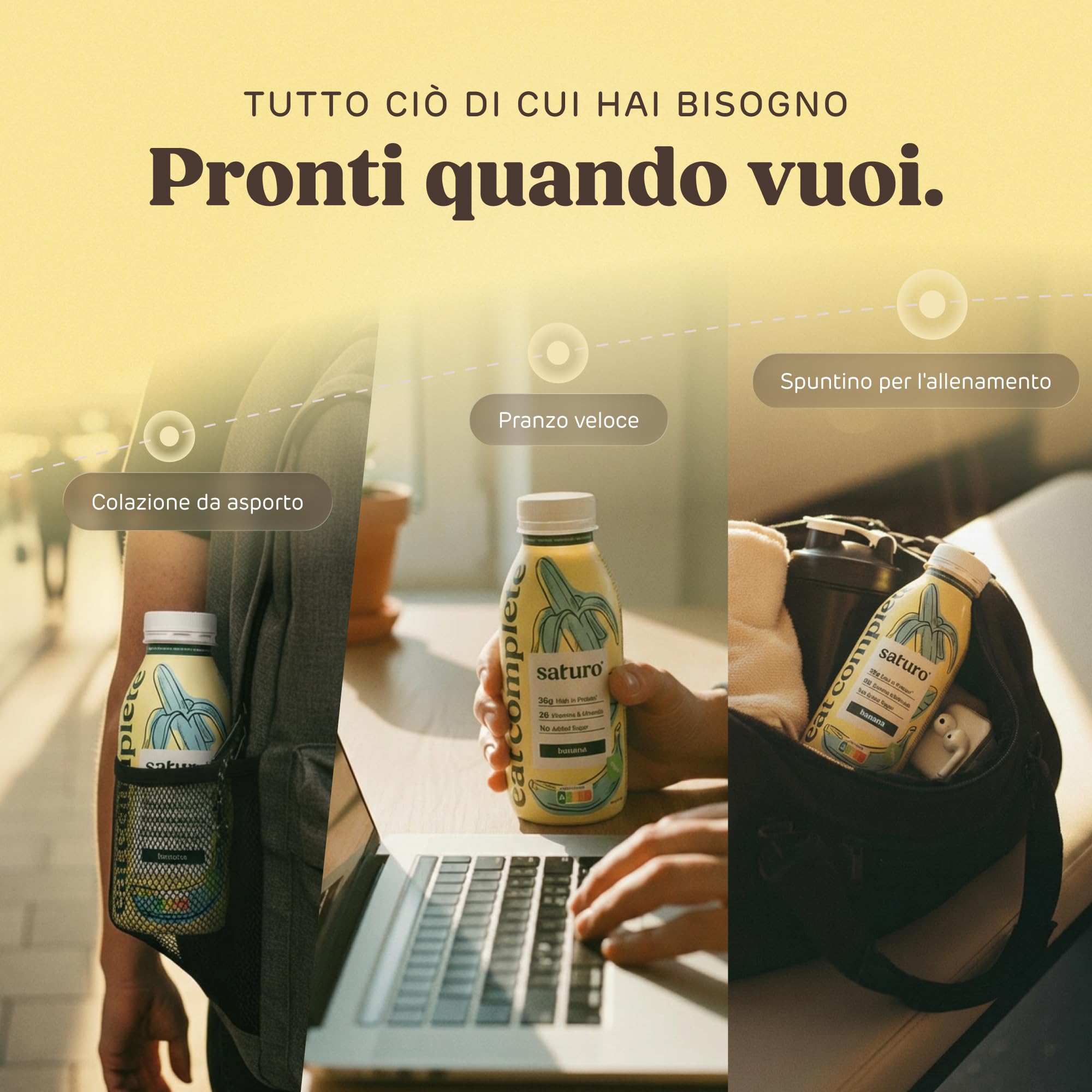 Saturo Pasto Sostitutivo Frullato Gusto Banana | 36 g di proteine & senza zucchero | 400 kcal | Vegano | Pasto Bevibile con Nutrienti Essenziali | 6 x 400 ml