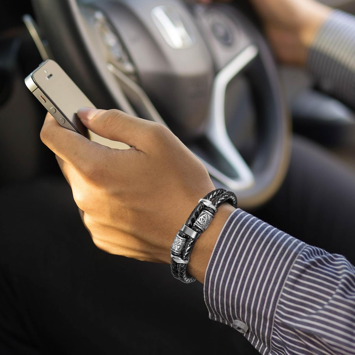 Viking Leather Bracelet For Men Balck Cool Handmade Stackable Jewelry, Faith and Courage Bangle Bracelets - Image 3