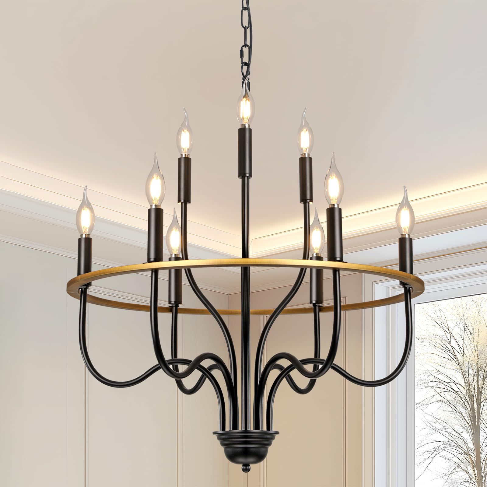 SEEBLEN Black Wagon Wheel Chandelier for High Ceilings,Farmhouse Chandelier for Dining Room Height Adjustable,r for Hallway Living Room Foyer,E12 Bulb