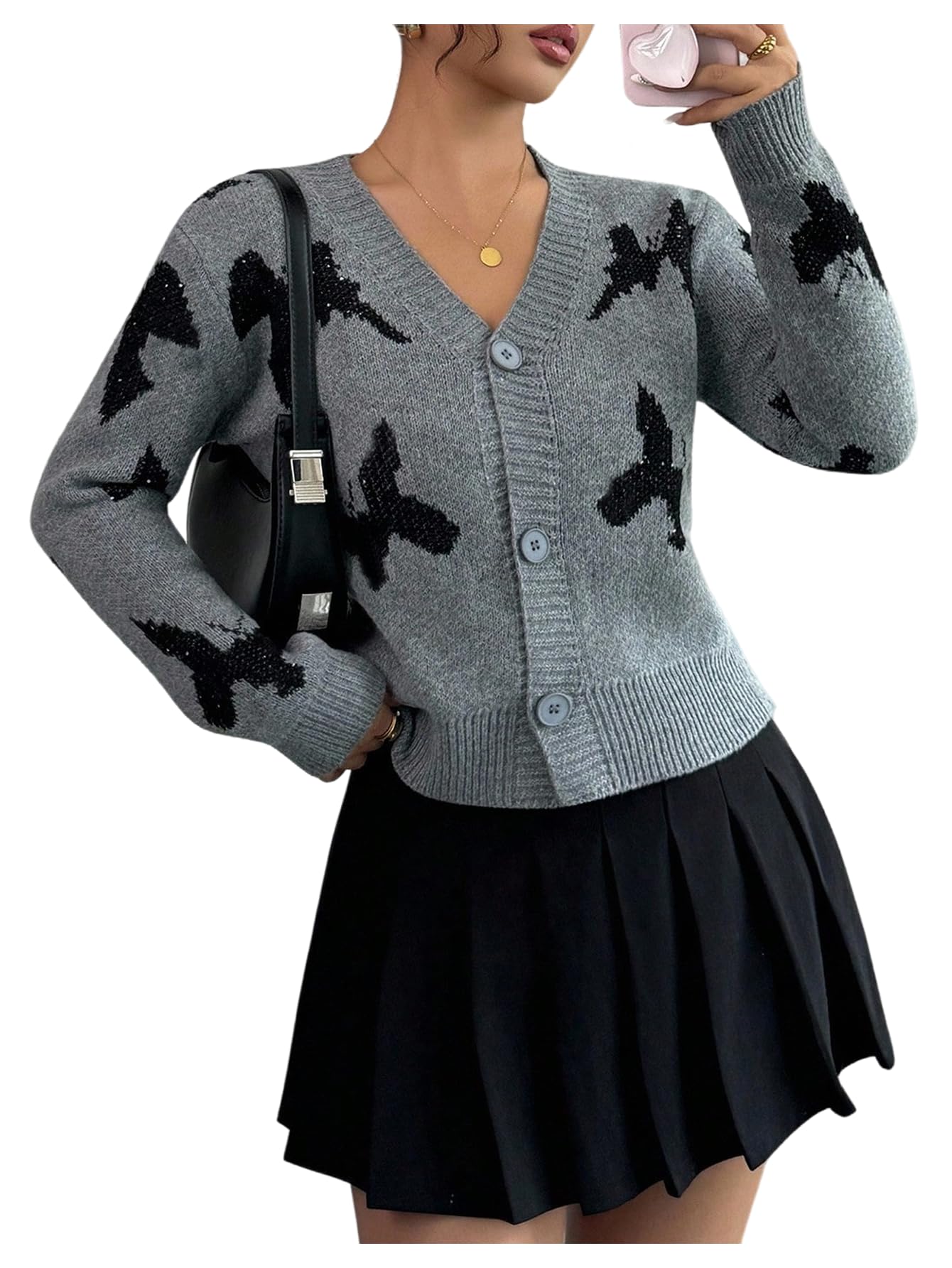 SHENHE Womens V Neck Open Front Knit Cardigan Graphic Button Down Long Sleeve Top