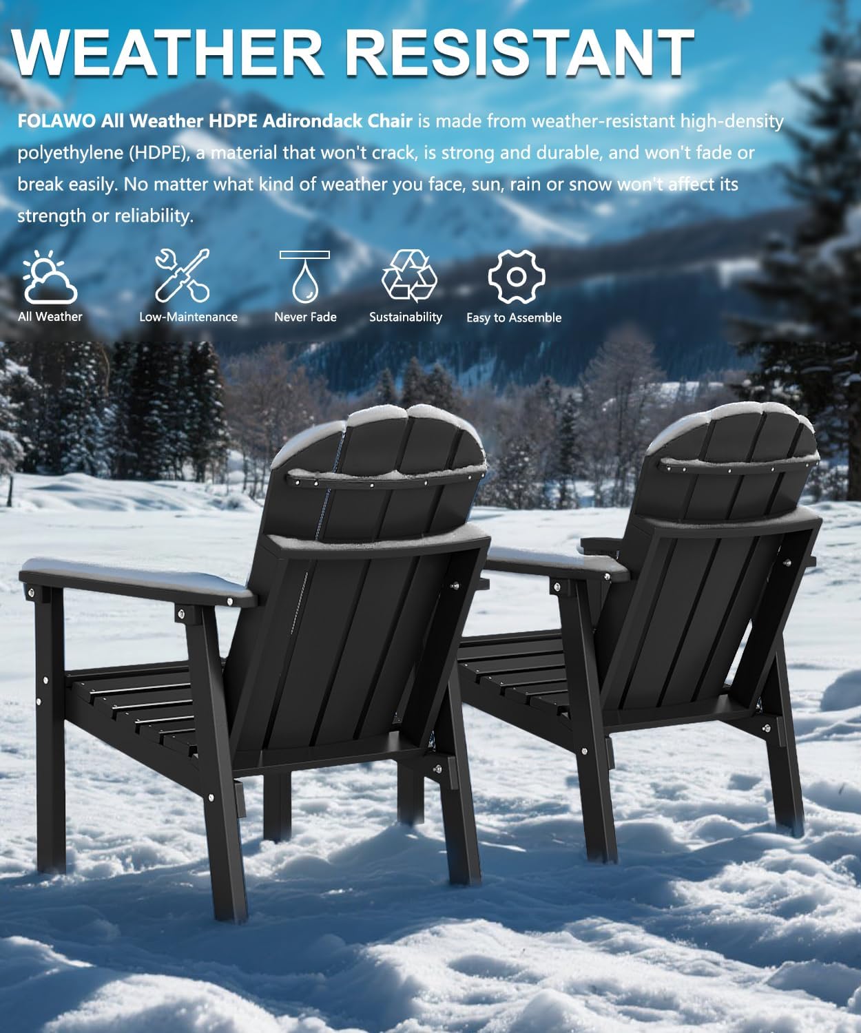 Adirondack Chair Set of 4, All Weather HDPE Fire Pit Chairs, Oversized Plastic Adirondack Chair for Outdoor, Balcony, Deck, Backyard, Patio, Garden, Poolside, Lawn Black