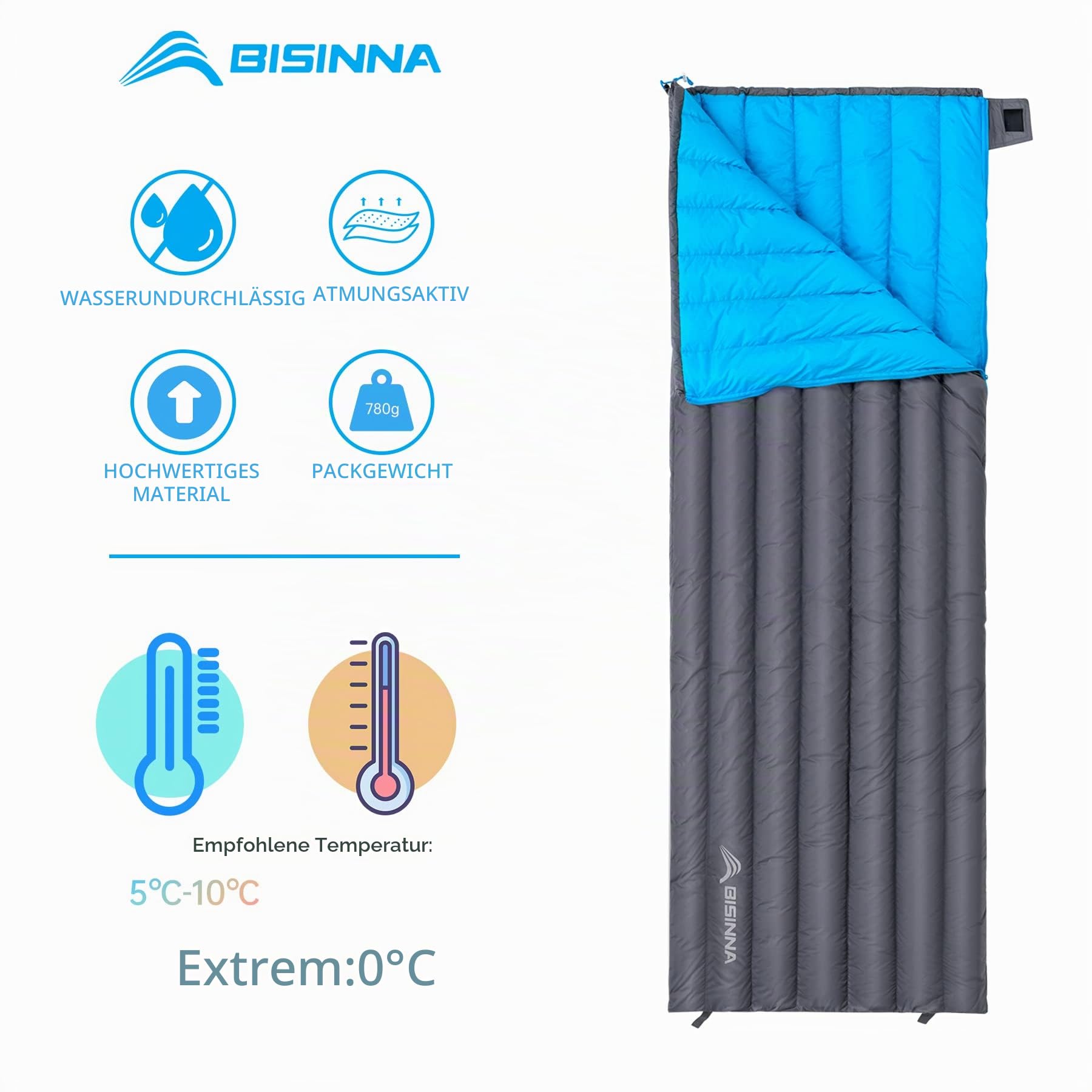 BISINNA Daunenschlafsack,Ultraleicht 3 Jahreszeiten Schlafsack | Kleines Packmaß Schlafsack 650FP Kompakt Warmer Mumienschlafsack für Camping and Trekking Outdoor