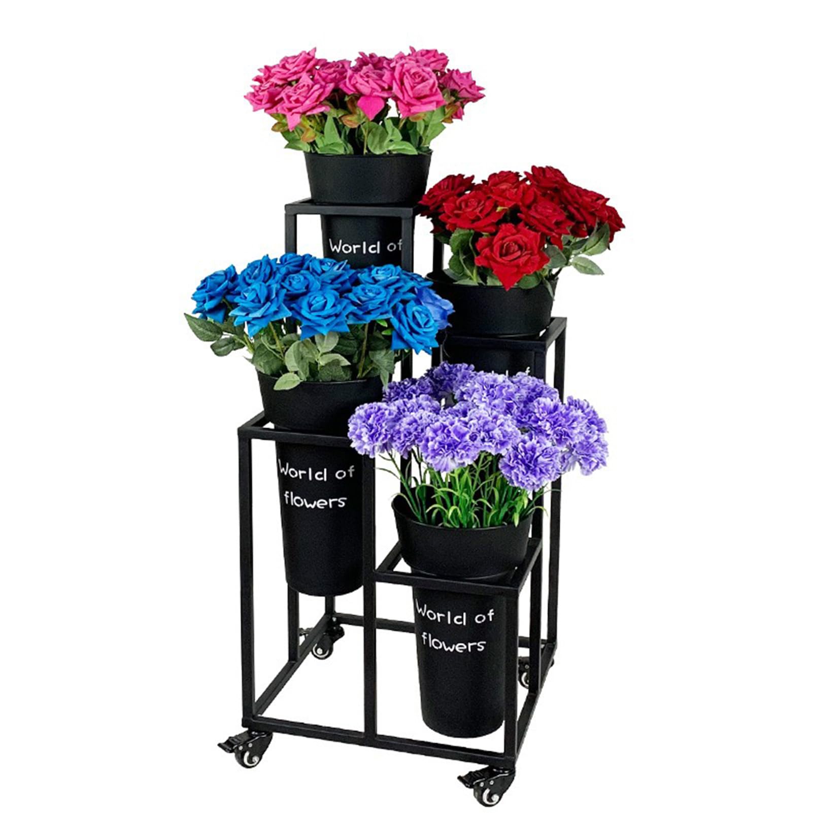 Présentoir de fleurs mobile robuste et grand chariot de plantes en métal avec seaux étanches