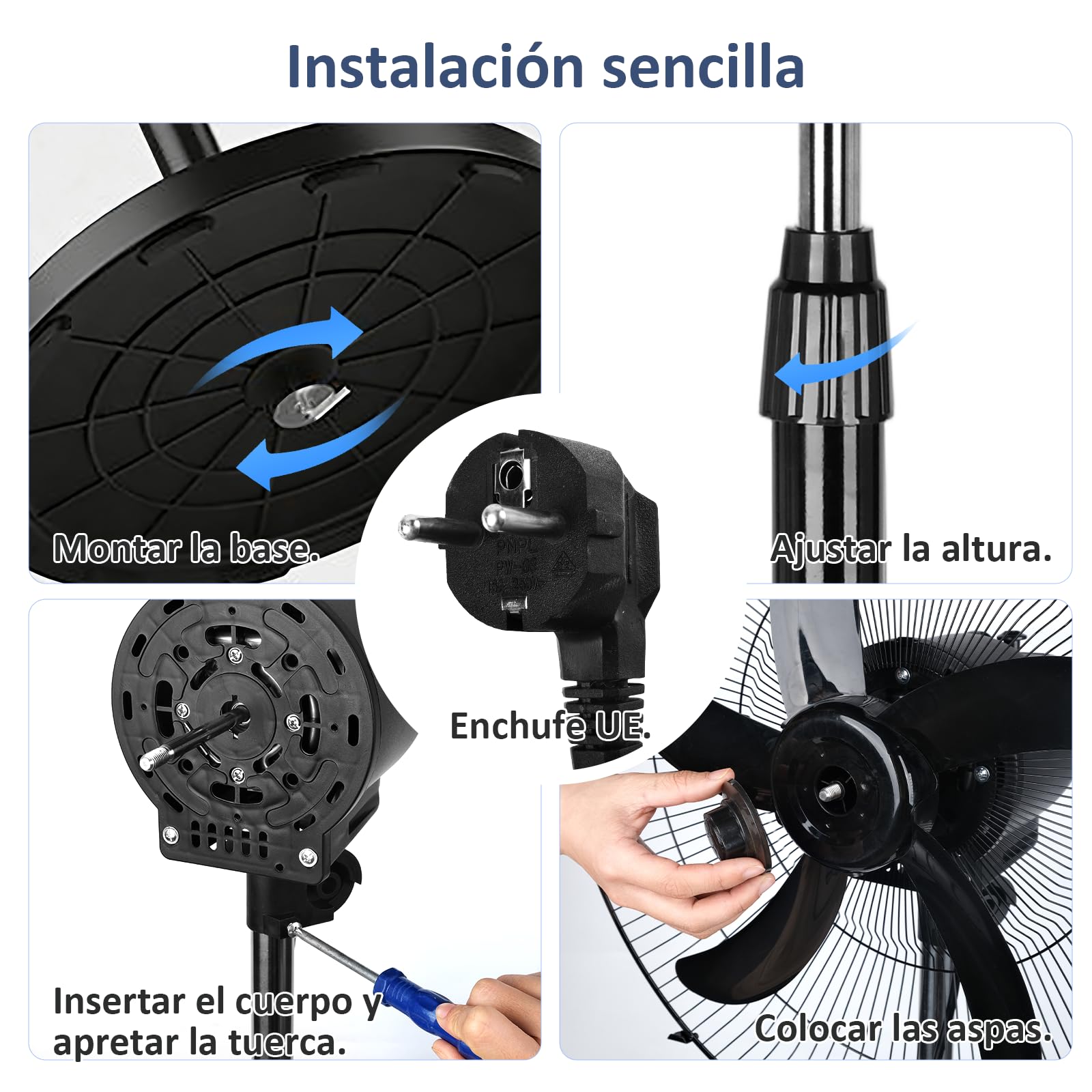 Ventilador de Pie Potente 75W, Aspas de 45 cm (18"), 3 Velocidades Ajustables, Silencioso, Oscilante, Altura Regulable, Base Reforzada, Adecuado para Hogar, Oficina y Almacén, Negro