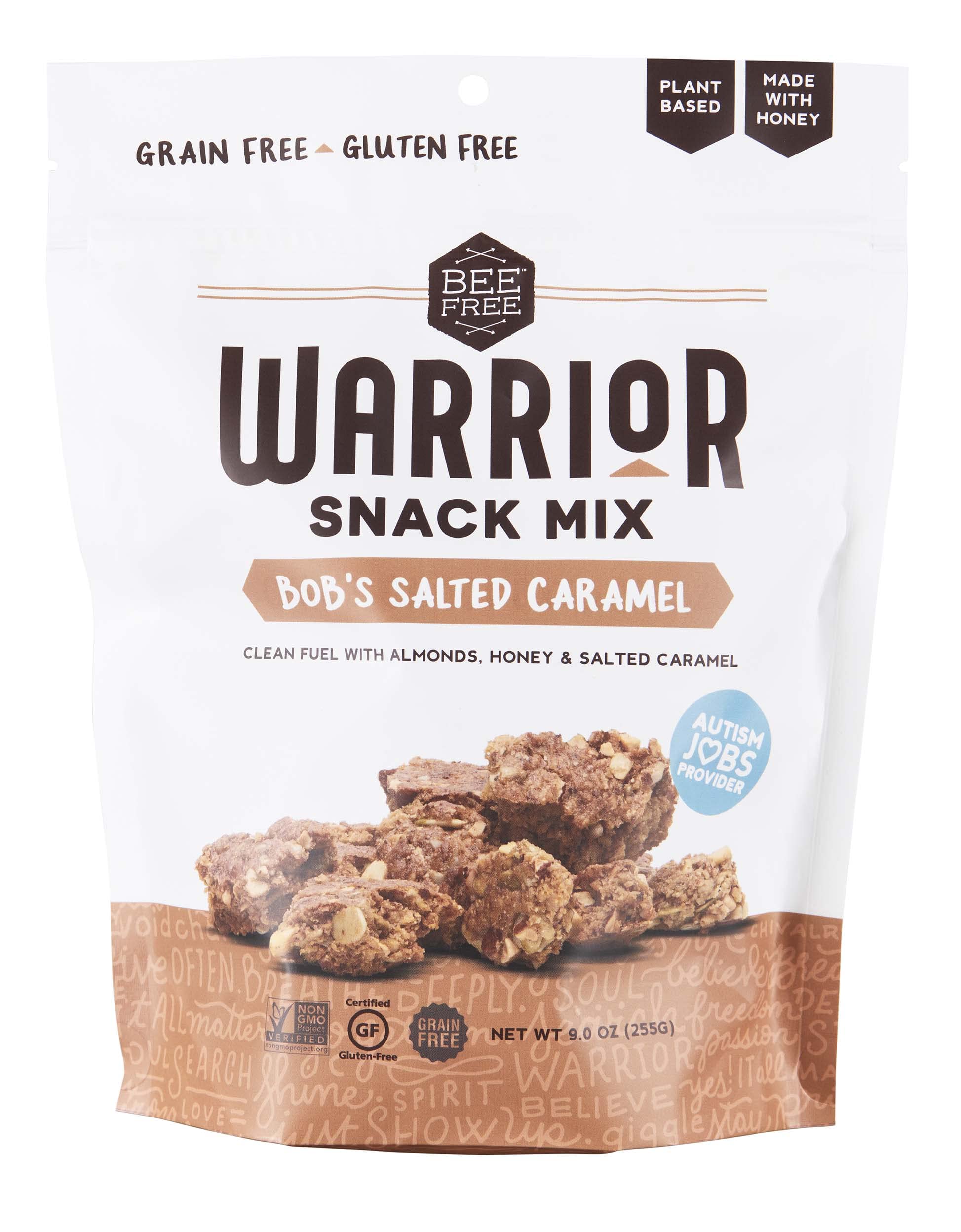 BeeFree Warrior Mix Gluten Free Granola - Chunky Granola Bites | Paleo, Low Carb, Grain Free, Preservative Free, Oat Free | Low Calorie Snacks | Bob's Salted Caramel, 9 Ounce Bag