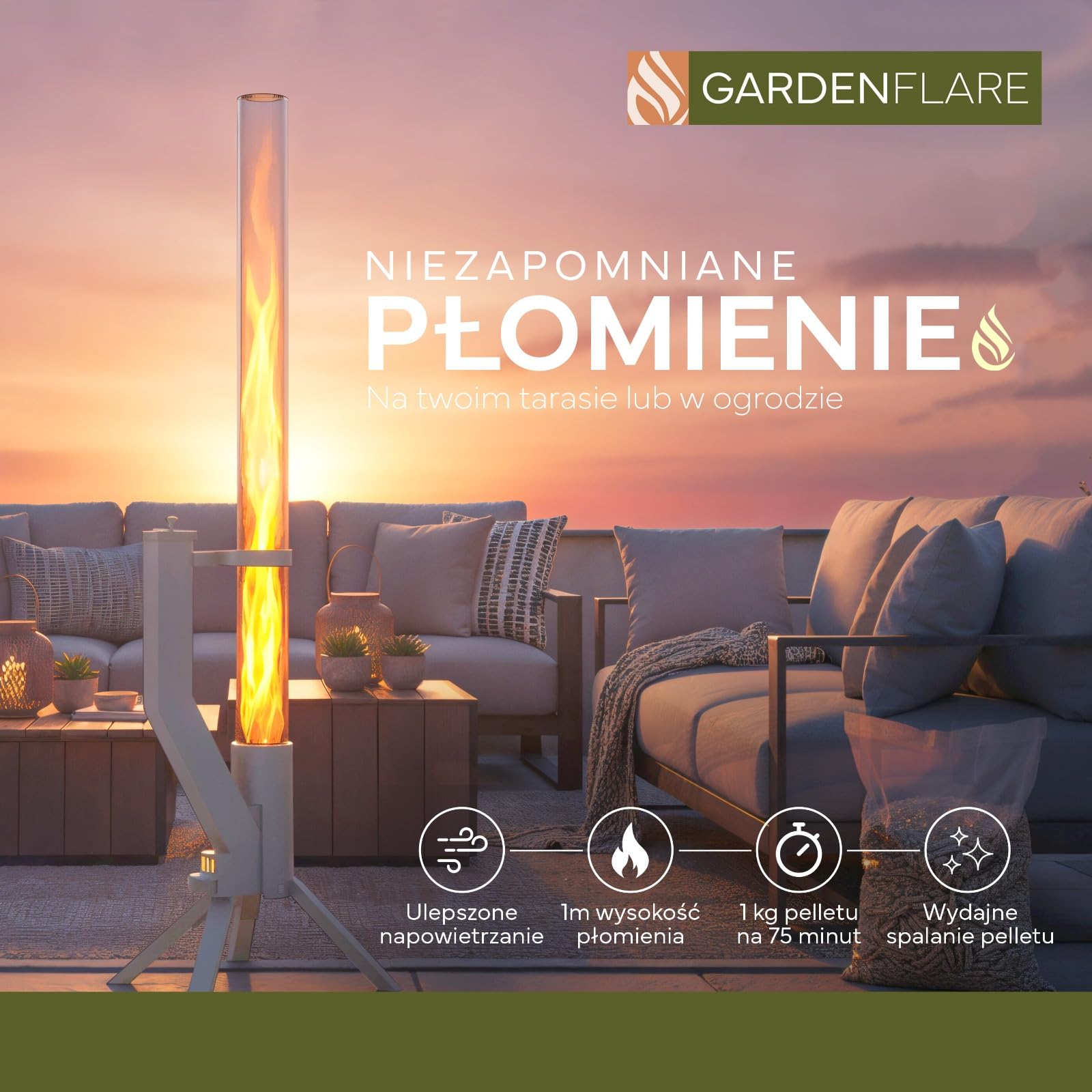 GARDENFLARE Elegancka kolumna ogniowa ze stali nierdzewnej, pelletowa pochodnia do ogrodu i na taras – Alternatywa dla kominka ogrodowego i ogrzewacza tarasowego (srebrny)