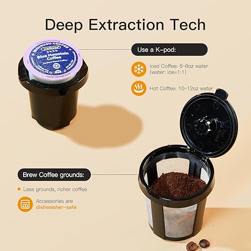 Miniatura 5 de Mini cafetera para café caliente y helado de una sola porción, para K-Cup y café molido, tamaños de preparación de 6 a 14 onzas, con libro de