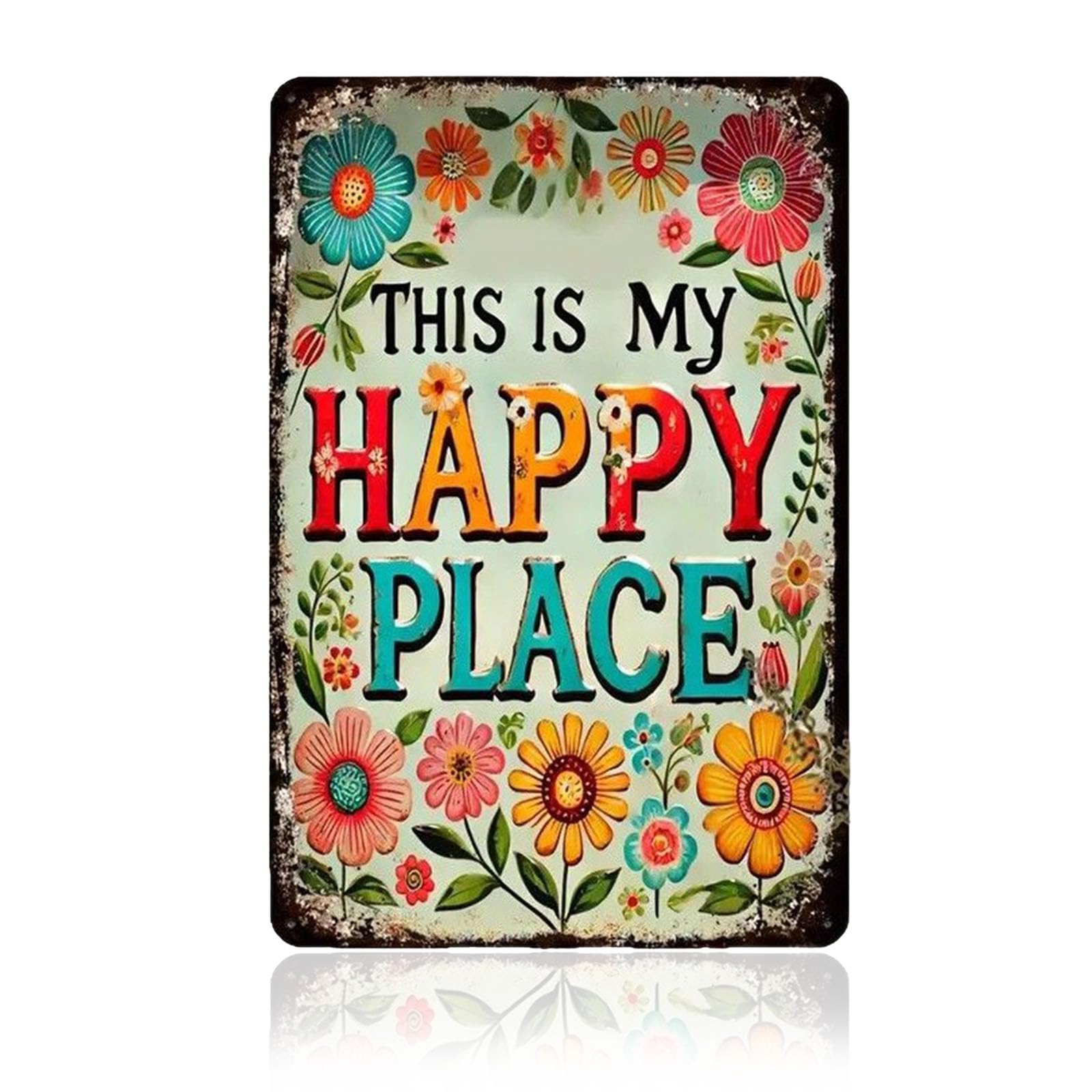 VGRDTW Garden Signs, Garden Plaques for Outside, Outdoor Signs for Gardens, "THIS IS MY HAPPY PLACE" Metal Vintage Iron Wall Art for Garden Decor, Rustic Outdoor Plaque for Patio, Yard & Home