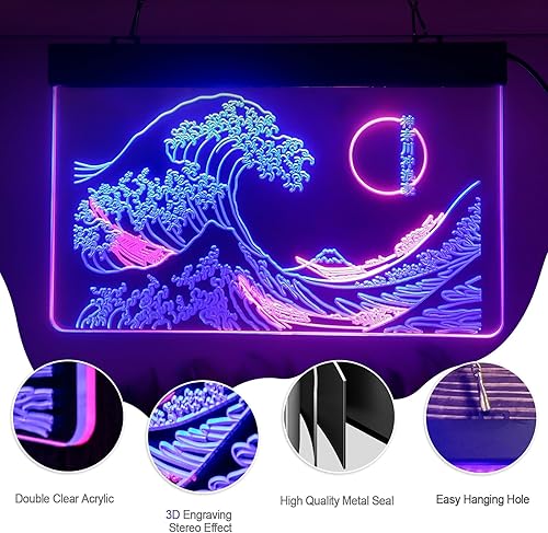 Miniatura 4 de MiMaik Letrero LED de neón The Great Wave Off Kanagawa, letrero japonés de Katsushika Hokusai clásico, arte de pared para habitación, letreros de