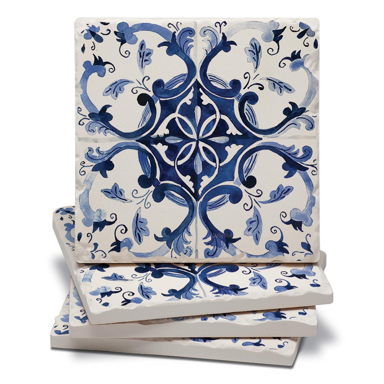 Thirstystone Blue & White Floral 4 Pack Assorted Tumbled Tile Stone Coasters with Protective Cork Backing 4" Square Manufactured in The USA