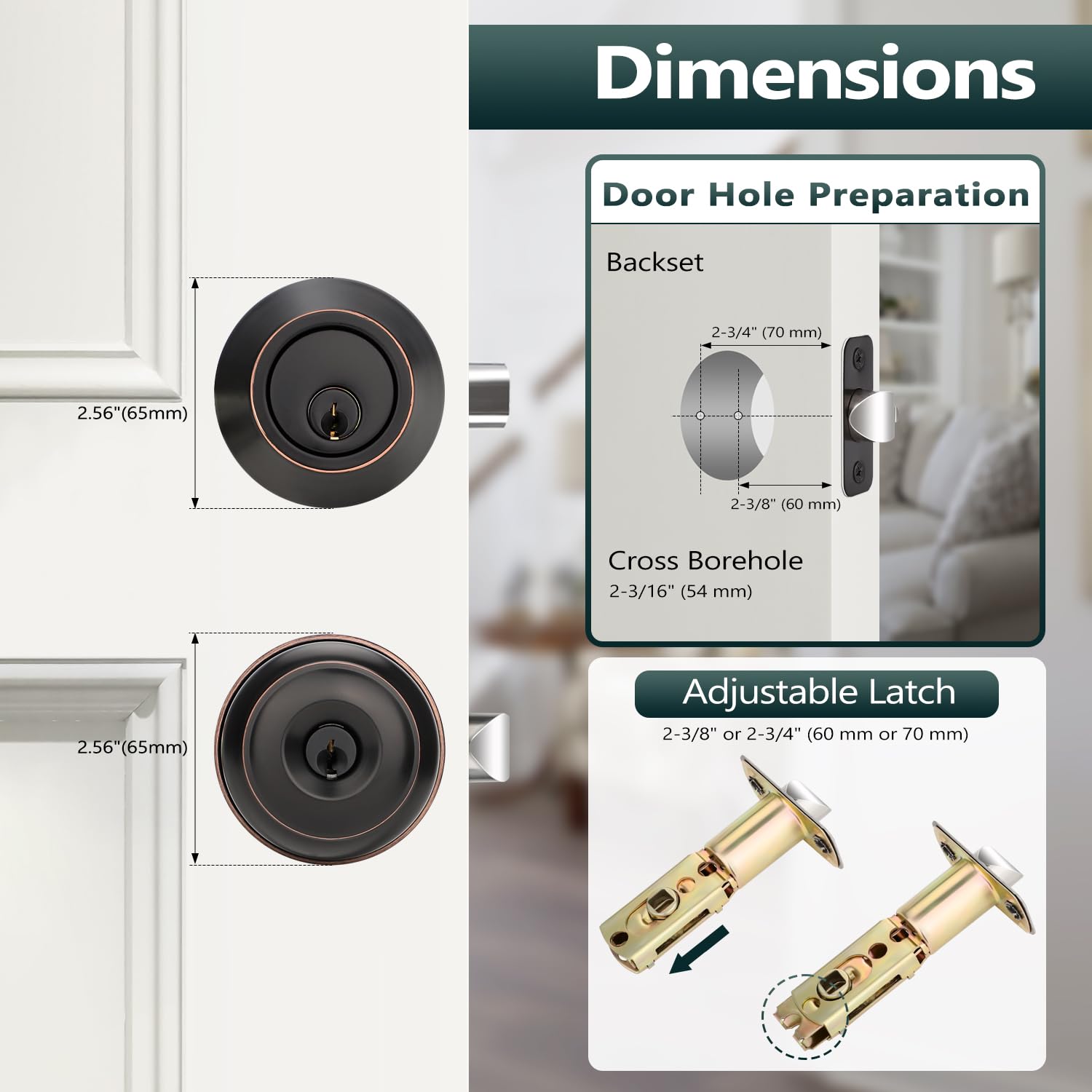 EHOMEWARE Paquete de 3 pomos de puerta de bronce aceitado, con llave igual con cerrojo de seguridad, perilla redonda para puerta de entrada y cerrojo de un solo cilindro, reversible izquierda/derecha