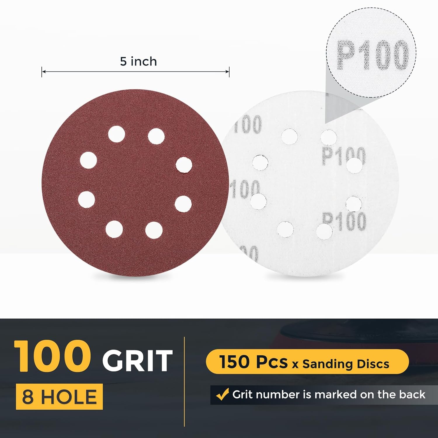 HARFINGTON 150 Pcs 5 Inch Sanding Discs, 100 Grit Hook and Loop Sandpaper, 8-Hole Aluminum Oxide Round Orbital Sander Sandpaper for Woodworking Automotive Metal Polishing, Red
