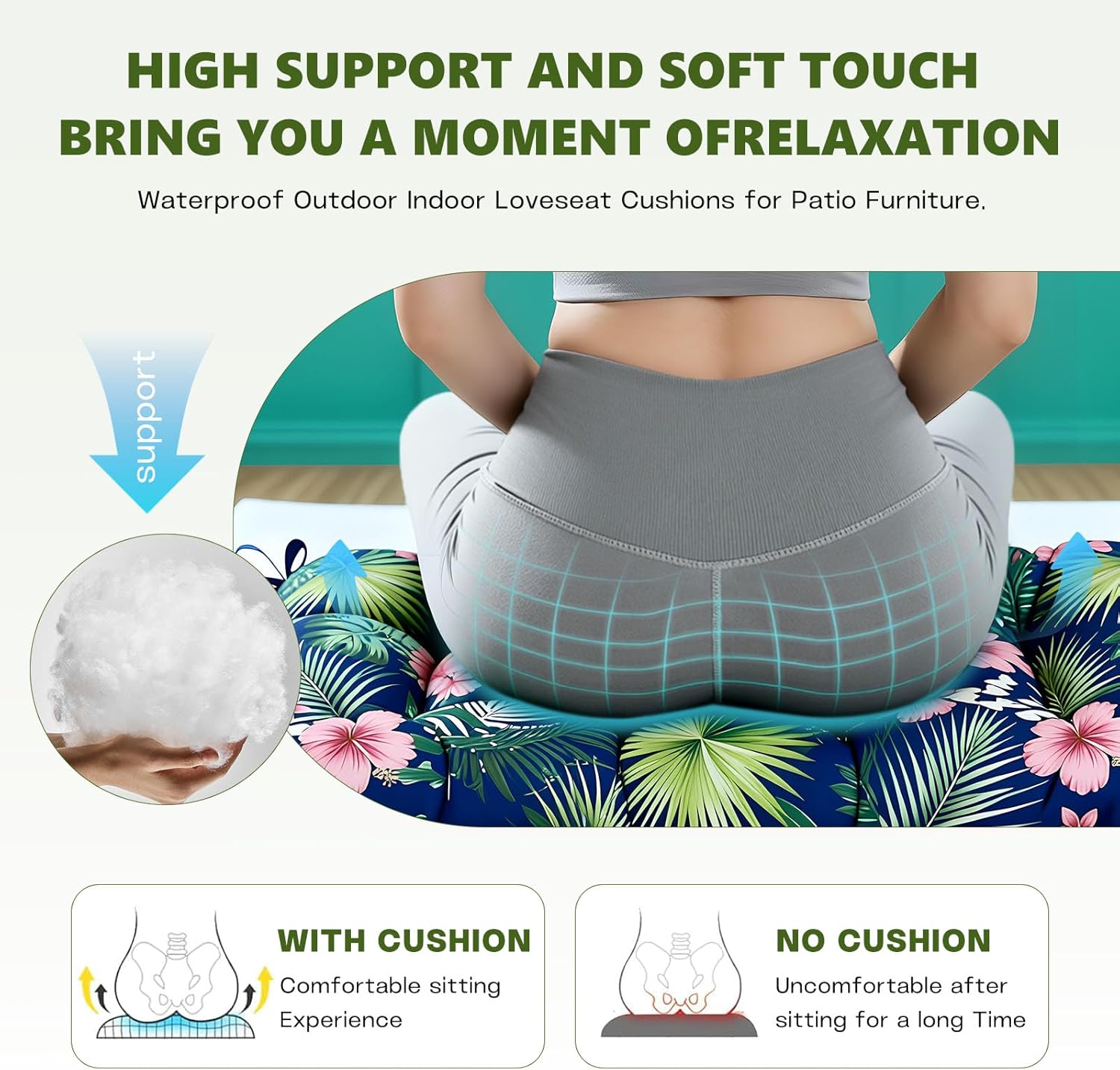 Wicker Chair Cushions Set, 2 U-Shaped Cushions & 1 Loveseat, Waterproof Outdoor Loveseat Cushion for Patio Furniture, Settee Bench Pad All Weather,FlowerLeaf