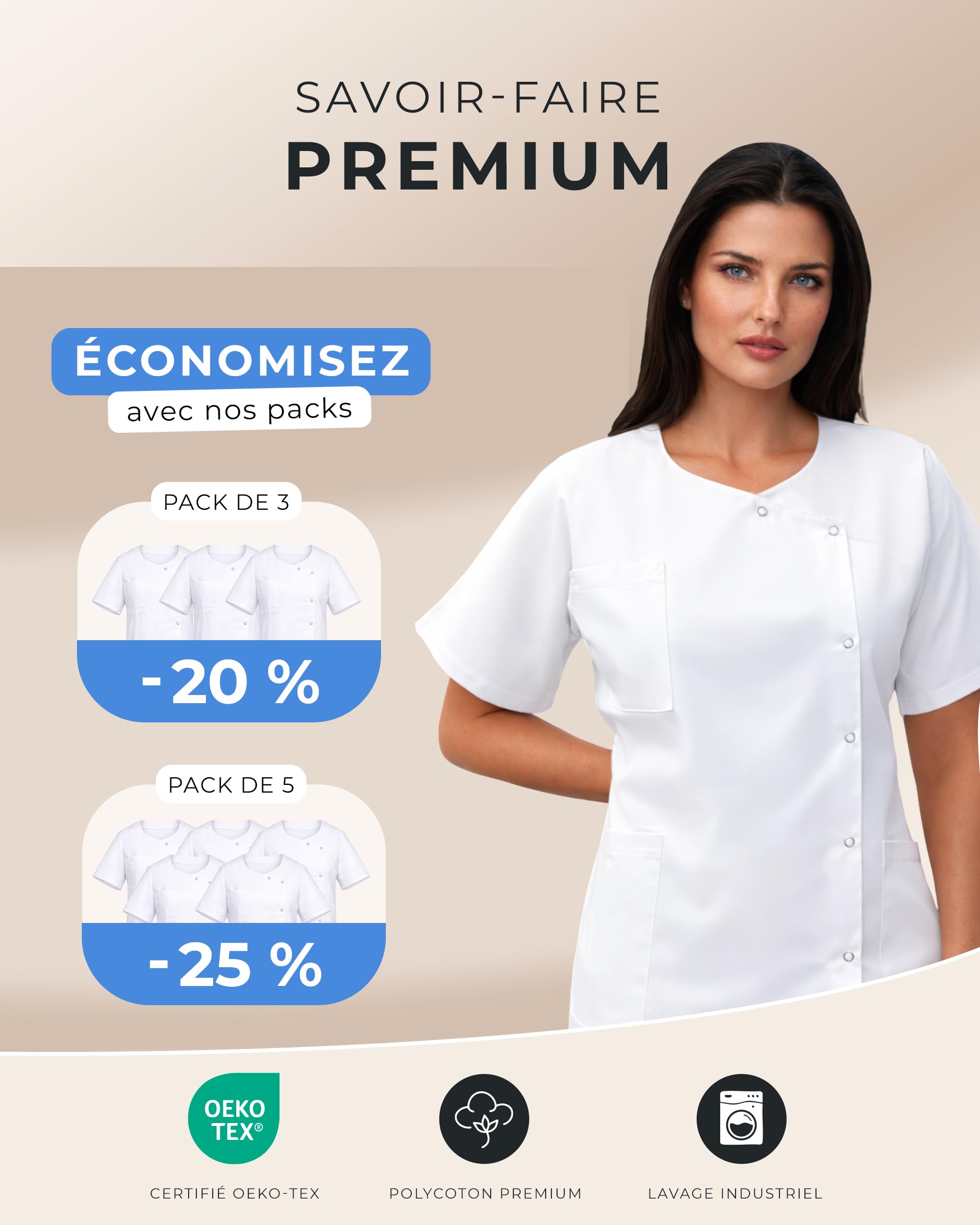 Blouse Médicale Femme – Lot de 1/3/5 – Fait Main – Polycoton 65/35 Oeko-TEX – Blouse Hôpital Clinique Infirmière Aide-Soignante Médecin Kiné Pharmacienne Dentiste