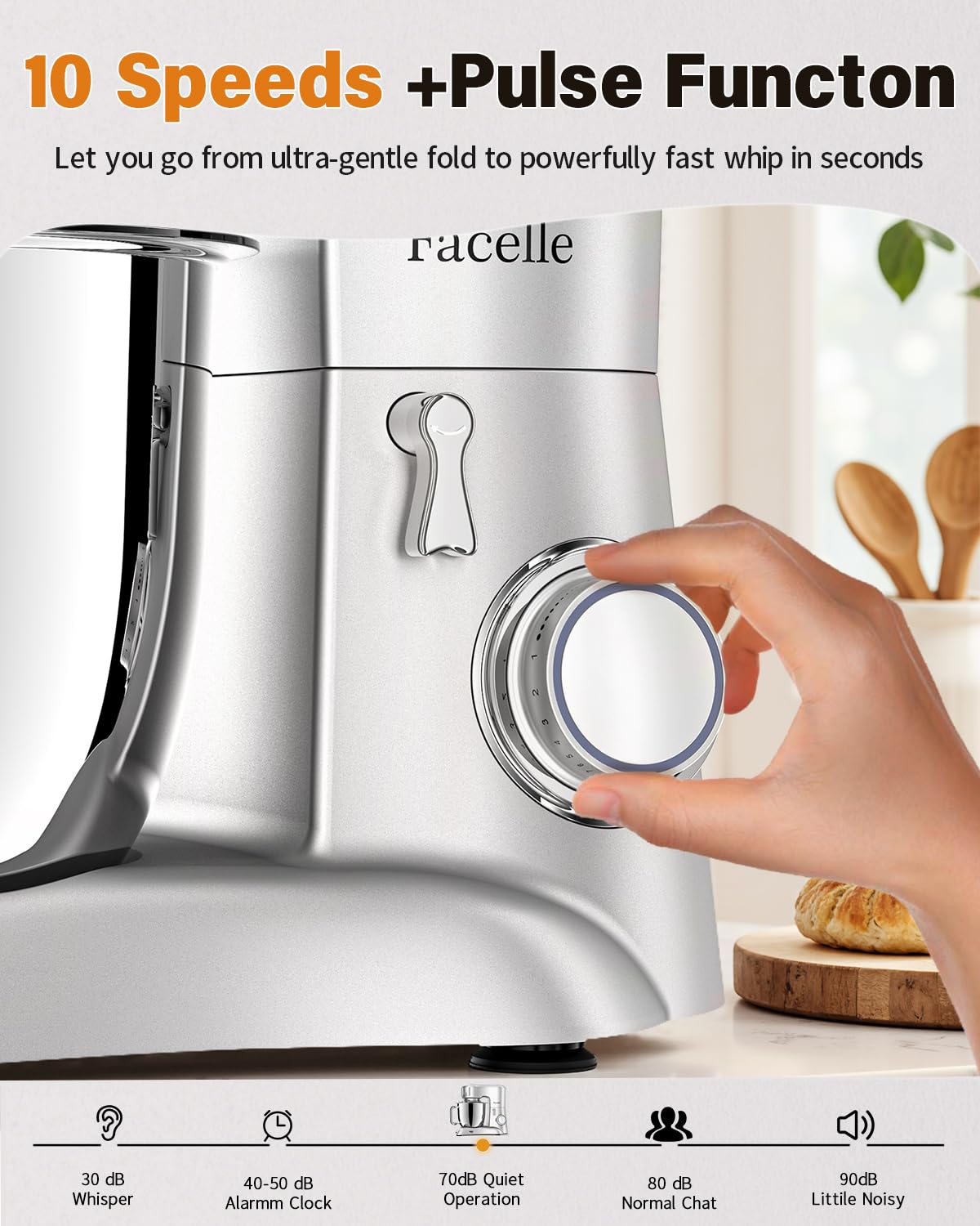 Facelle Batidora Amasadora, 1300W Bajo Ruido Amasadora Reposteria, 6,5L Bol de Acero Robot Cocina, Mixer Multifuncional para pasteles, pizzas, masa y galletas