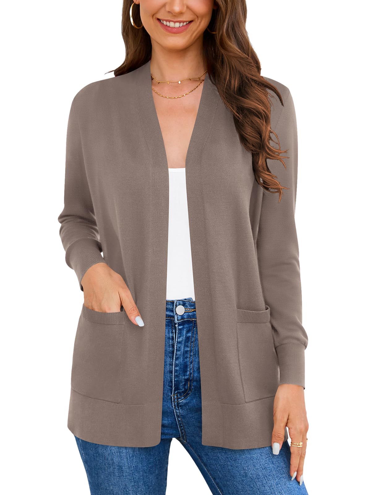 Wiwclo Veryoung Women's Long Sleeve Lightweight Cardigan Fall Knit Casual Jean Jacket Sweater with Pockets, Brown Camel, X-Large
