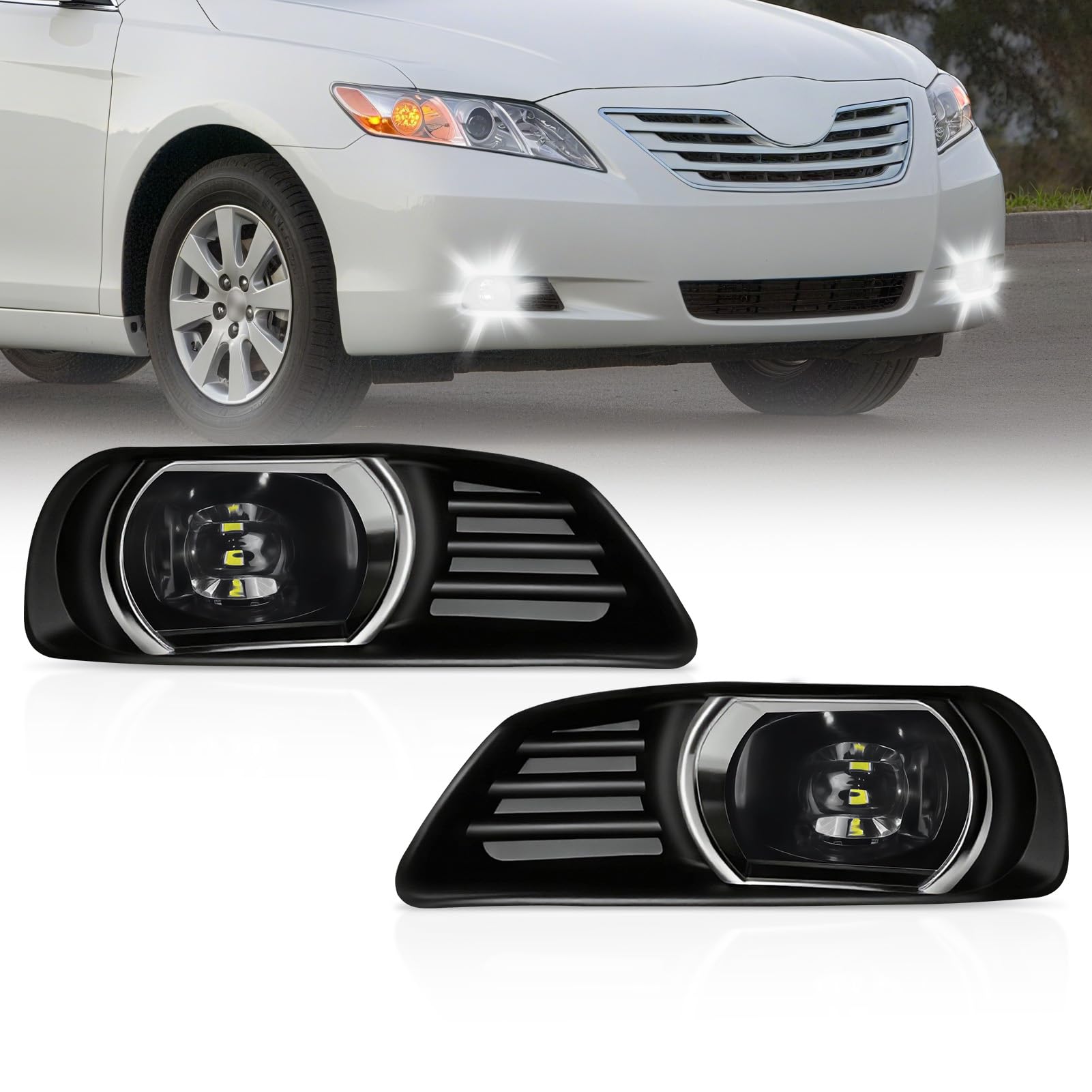 LED Fog Lights Assembly Compatible with Toyota Camry 2007-2009, Clear Lens Driving Fog Lamps Replacement Kit with Wiring Harness and Switch, Cooling