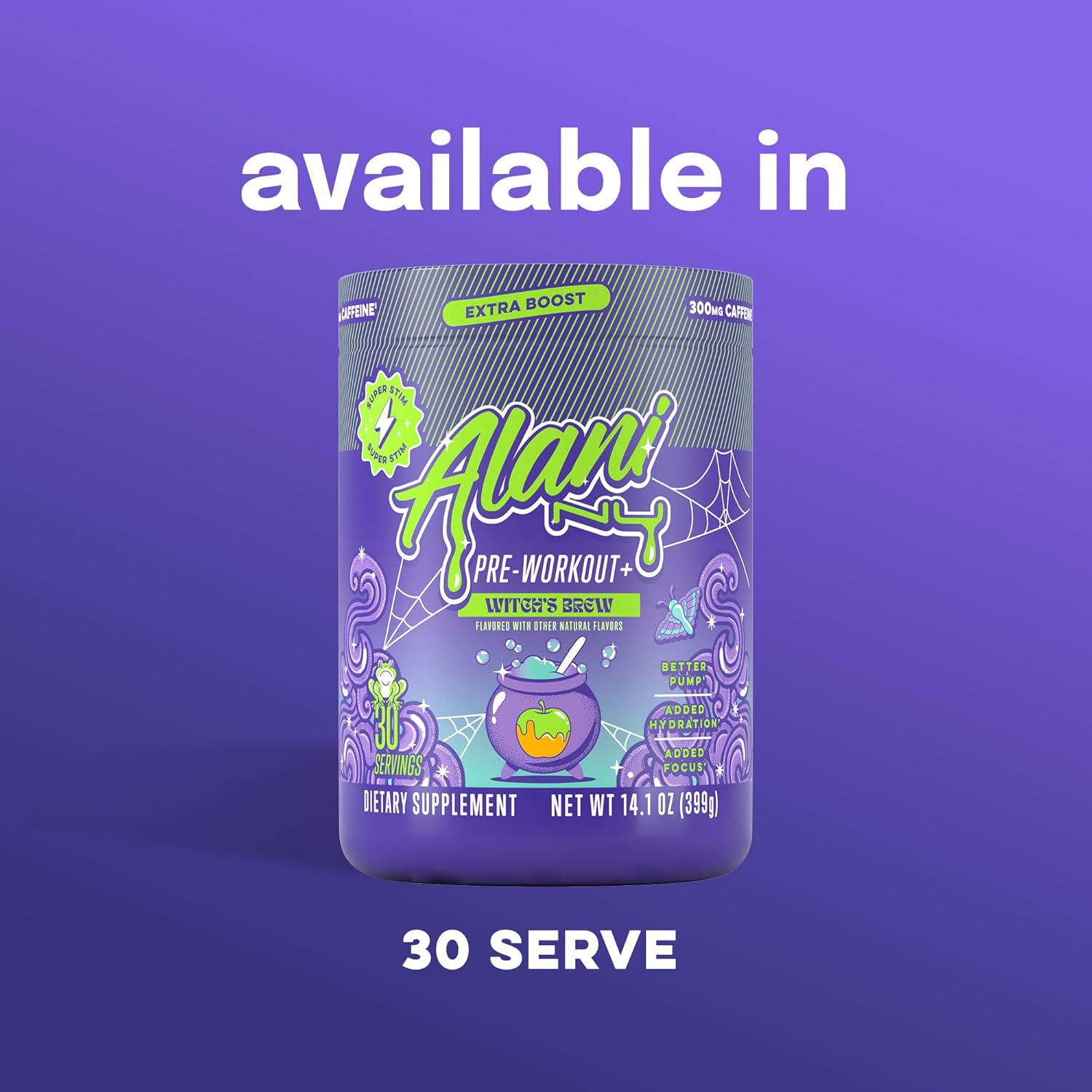 Alani Nu Pre Workout+ Powder Witches Brew, Extra Boost, Sugar Free, 300mg Caffeine, L-Theanine, Beta-Alanine, L-Citrulline, 30 Servings