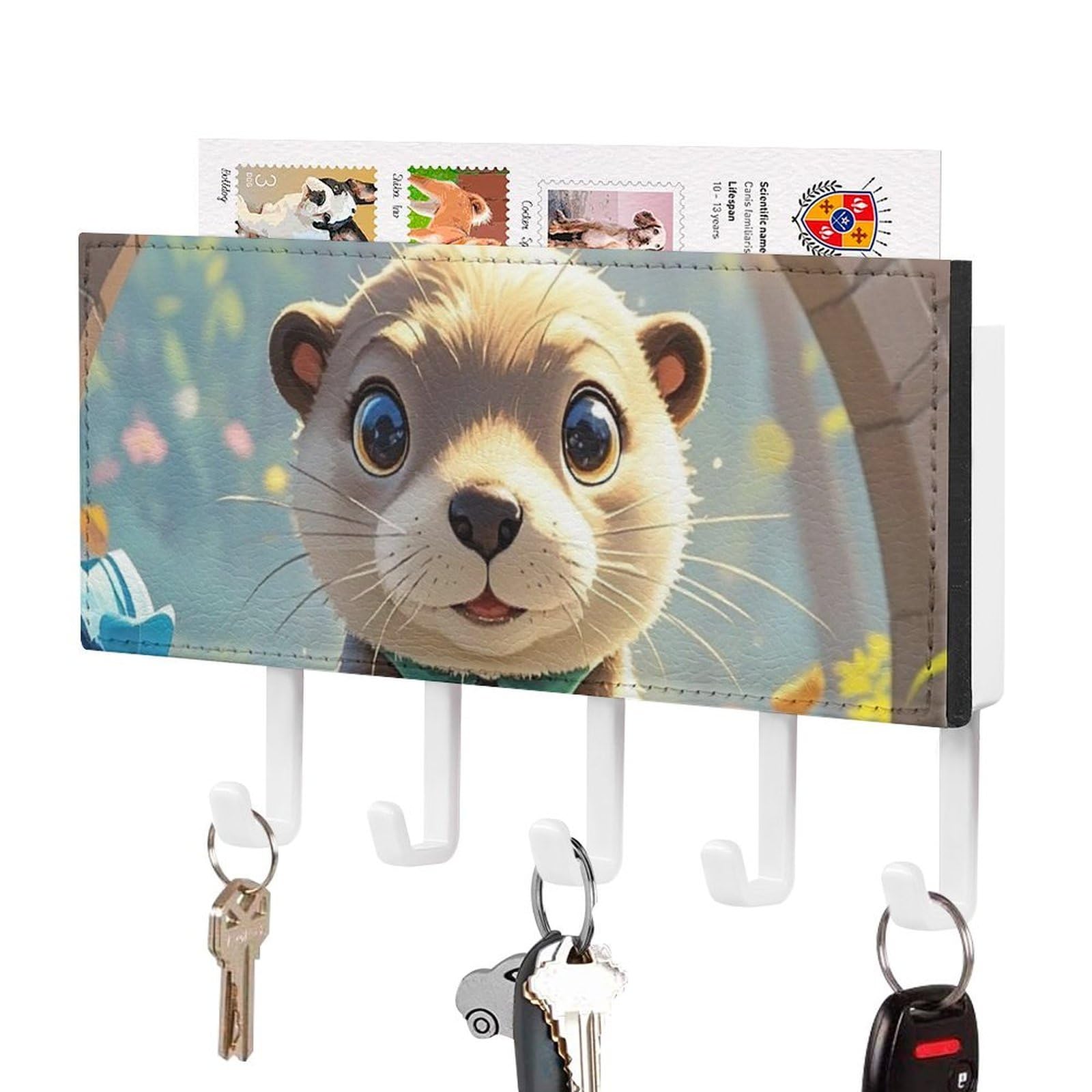 FekiLoot Cute Otter Key Holder Wall Mount Key Hanger with 5 Hooks Decorative Key Rack Hanging Key Hooks with Mail Organizer Key Holder for Wall Living Room Kitchen Bathroom Hallway White