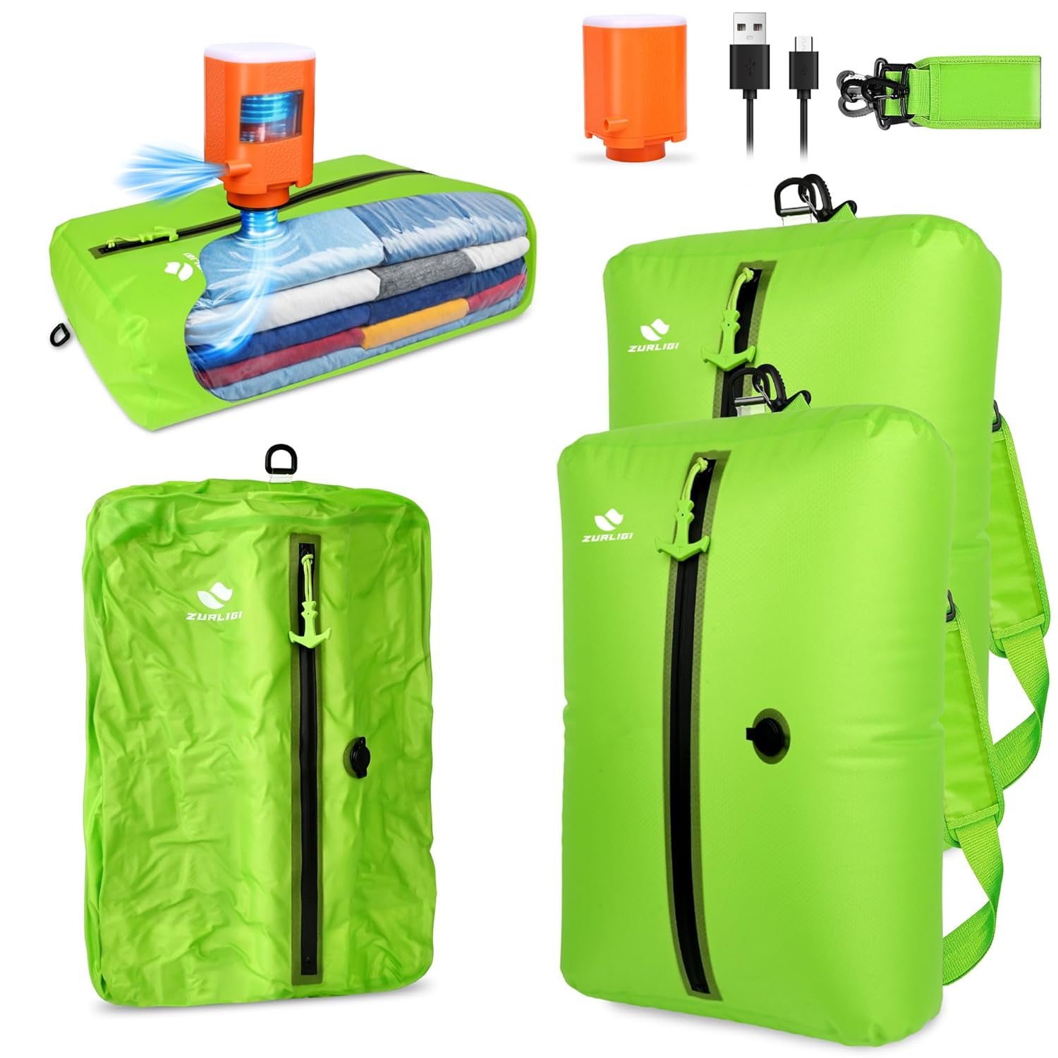 Zurligi Vacuum Bags with Pump for Travel IPX8 Waterproof Reusable 39L Carry-On Compression Bags with Shoulder Strap for