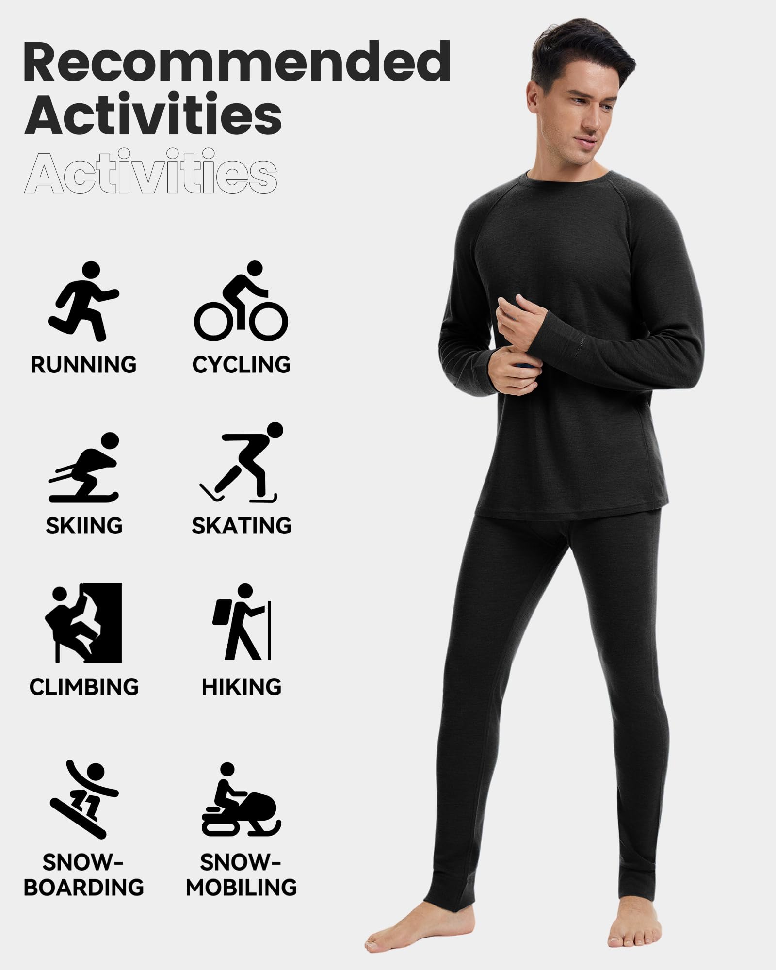 Ensemble Thermique Homme, 100% Laine Mérinos, sous-vêtements Techniques Légers pour Ski, Activités de Plein Air & Hiver