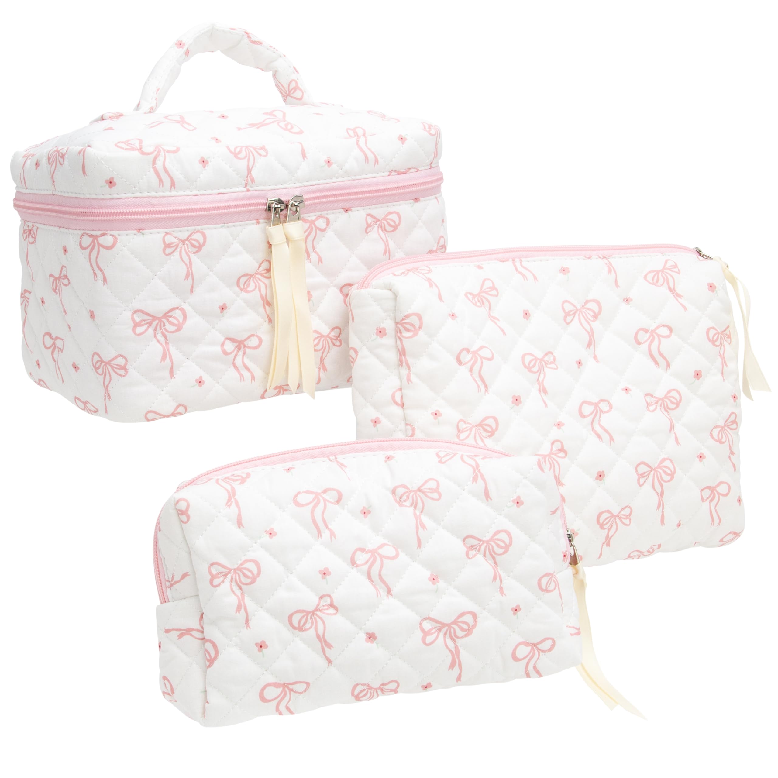 3PCS Makeup Bag SET Large Travel Quilted Zipper Soft Cosmetic Case Pouch for Women Girls Make Up,Bow Pink