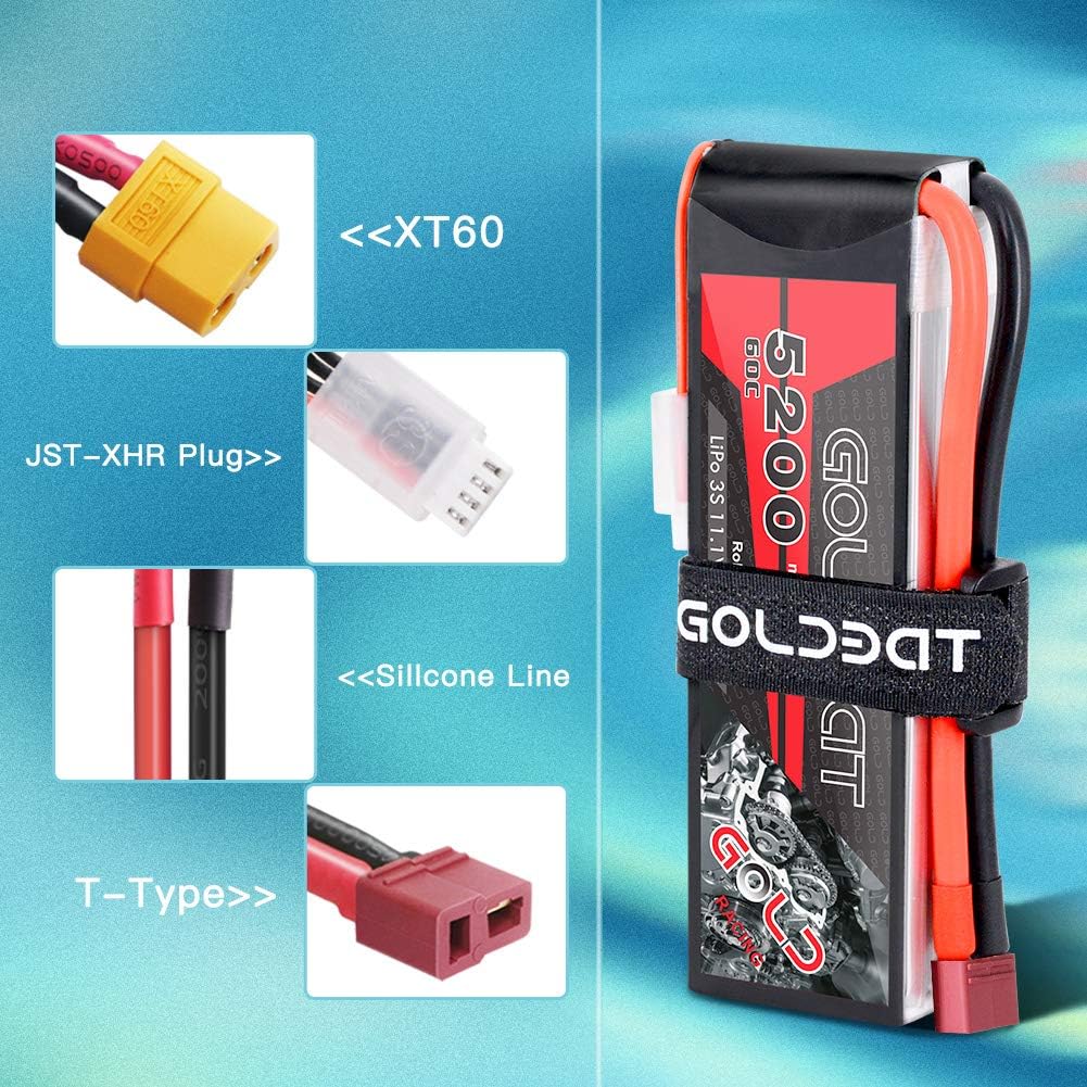 GOLDBAT LiPo RC Battery 5200mAh 3S 60C 11.1V LiPo RC Short Battery with T Connector Softcase Pack for RC Car Truck Quadcopter Airplane Helicopter Boat (2 Packs)
