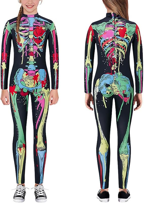 Kids4ever Unisex Kids Halloween Skeleton Bodysuit Full Body Bone Print