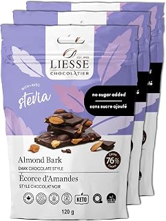 Liesse Dark Chocolate Almond Bark Stevia Sweetened No Sugar Added Chocolates Keto Friendly 76% Cacao - Made in Canada - 3pk (120g Bags)