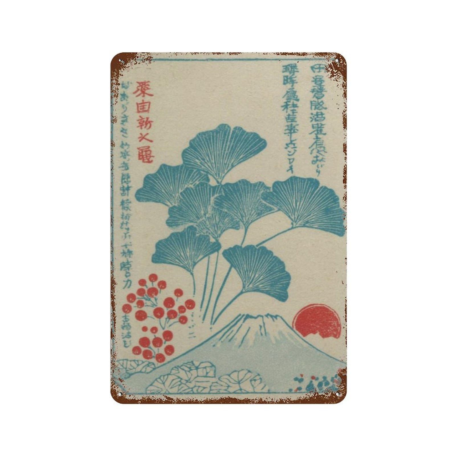 xiaoxiaoshen Japanese Ginkgo Botanical Nature Teal Red Woodblock Style Wall Decor Art Metal Tin Poster Modern Home Decor Art Home Bar Shop Decorations Vintage Sign 30x20cm