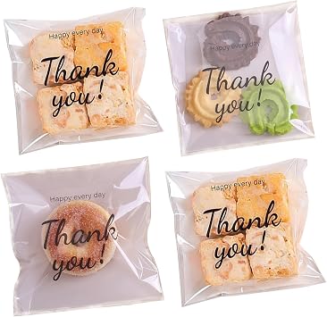 200PCS Self Adhesive Cookie Bags, 5.9x5.9 inch Thank You Printed Treat Bags, Cookie Bakery Decorating favor bags, DIY Plastic Individual Biscuit Candy Bags