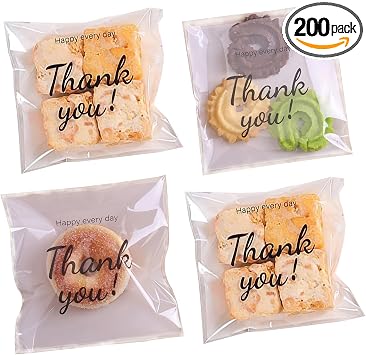 200PCS Self Adhesive Cookie Bags, 5.9x5.9 inch Thank You Printed Treat Bags, Cookie Bakery Decorating favor bags, DIY Plastic Individual Biscuit Candy Bags