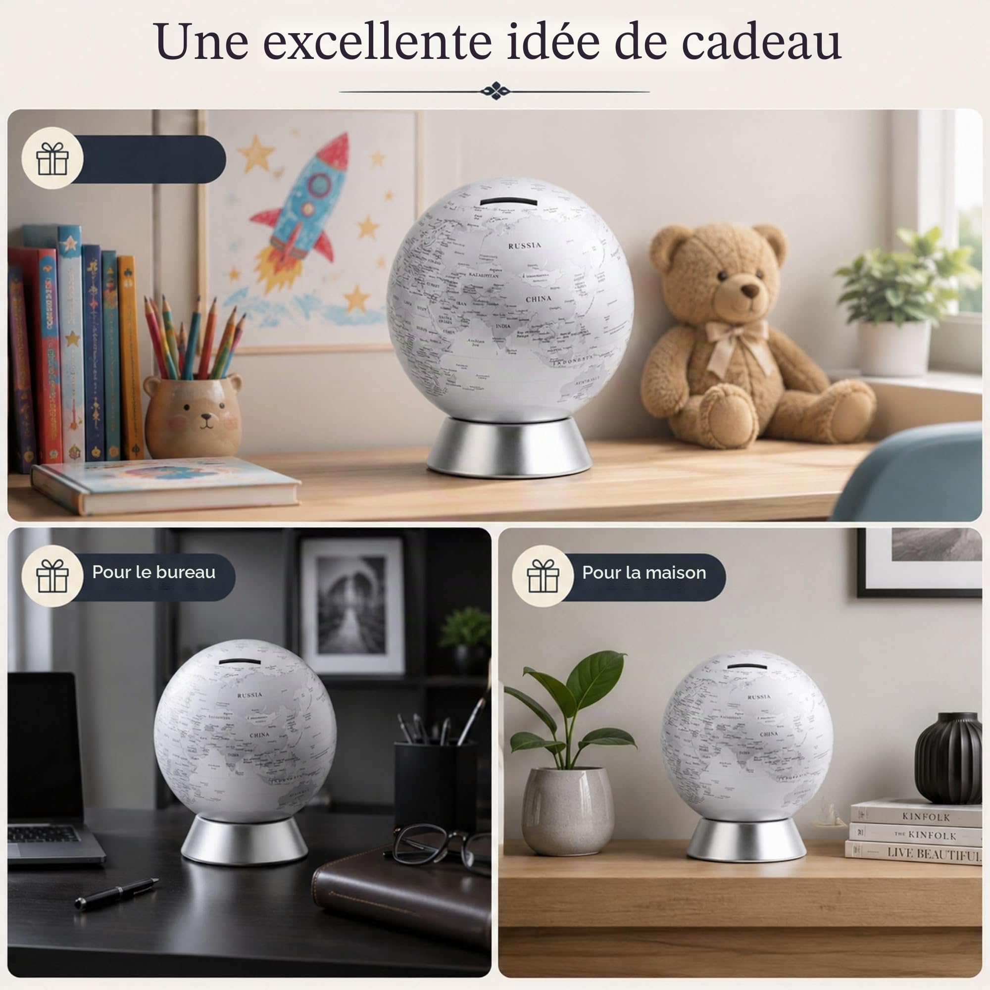 Exerz Globe Terrestre Tirelire diamètre 16cm - Carte du Monde en Anglais - Contemporain en métal - Argent