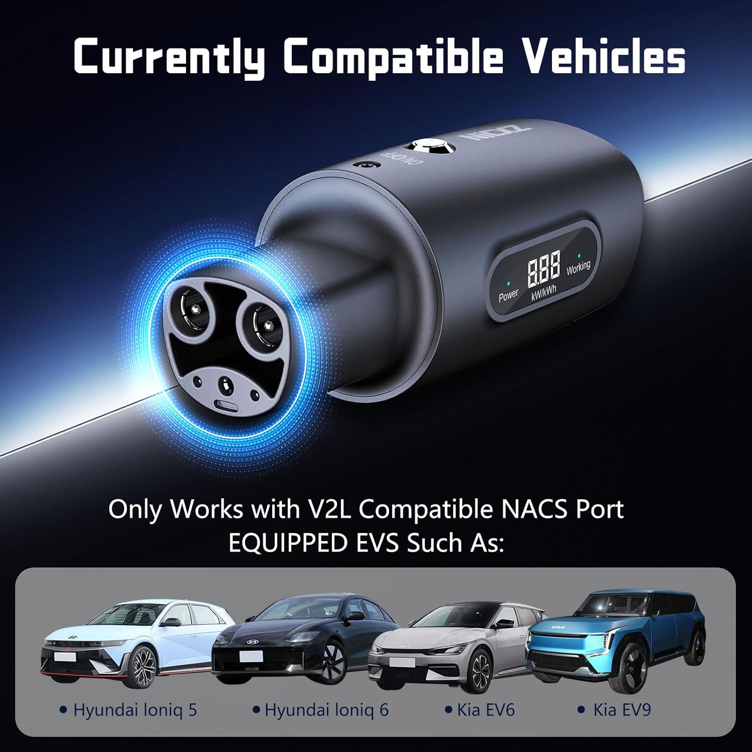 NACS V2L Adapter-Vehicle to Load Adapter for 2025+Ioniq 5/6/9, 2026+Kia EV3/5/6/9, 2025+Genesis(Requires V2L+NACS Inlet), Safety Lock, LED Display,Power for Camping, Trips, Emergencies etc.