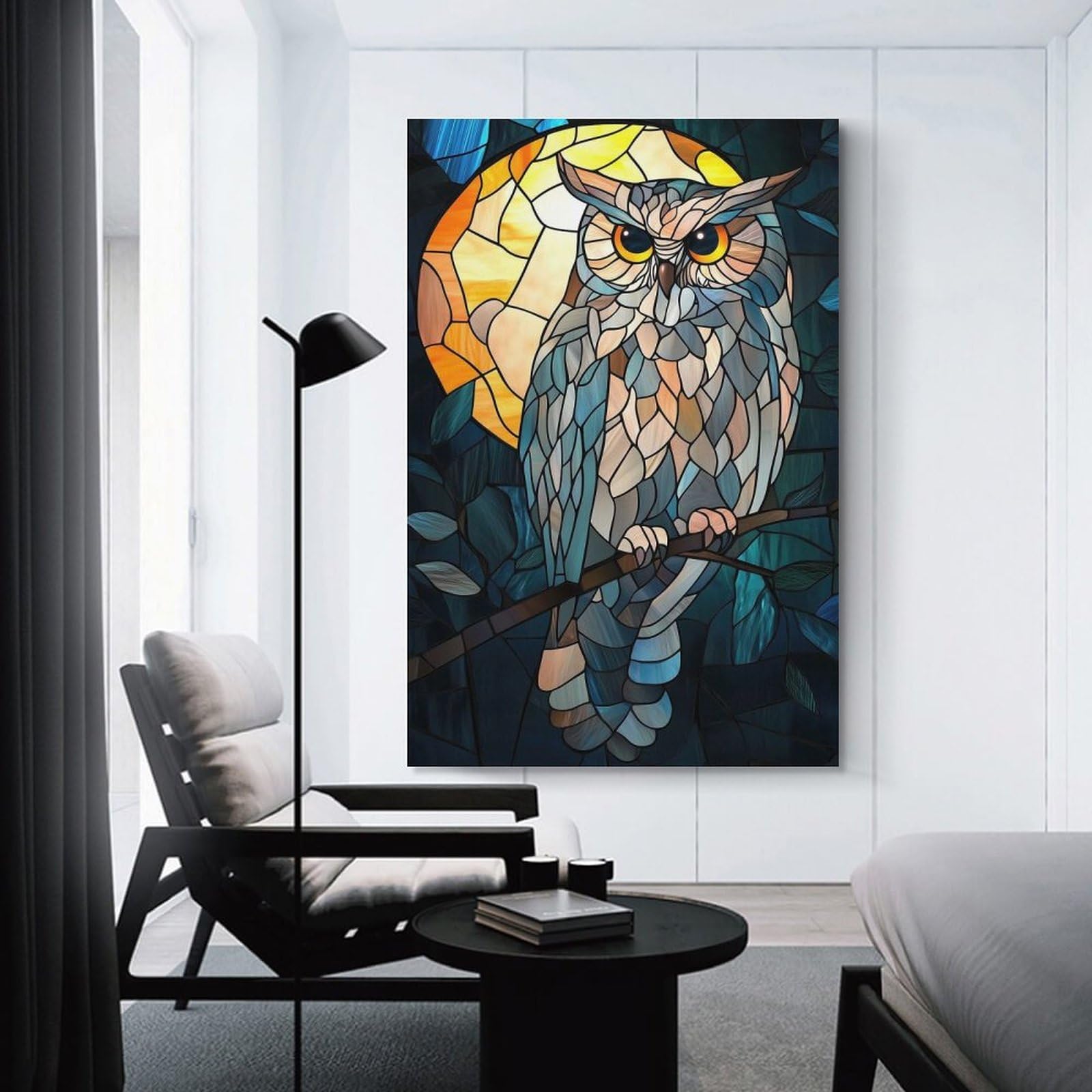 Junmoney Stained Glass Owl Hanging Wall Art, 24x36inch(60x90cm), for Home Walls, Creative Rooms Or Shared Spaces, A Flexible Wall Accent for Shared Spaces