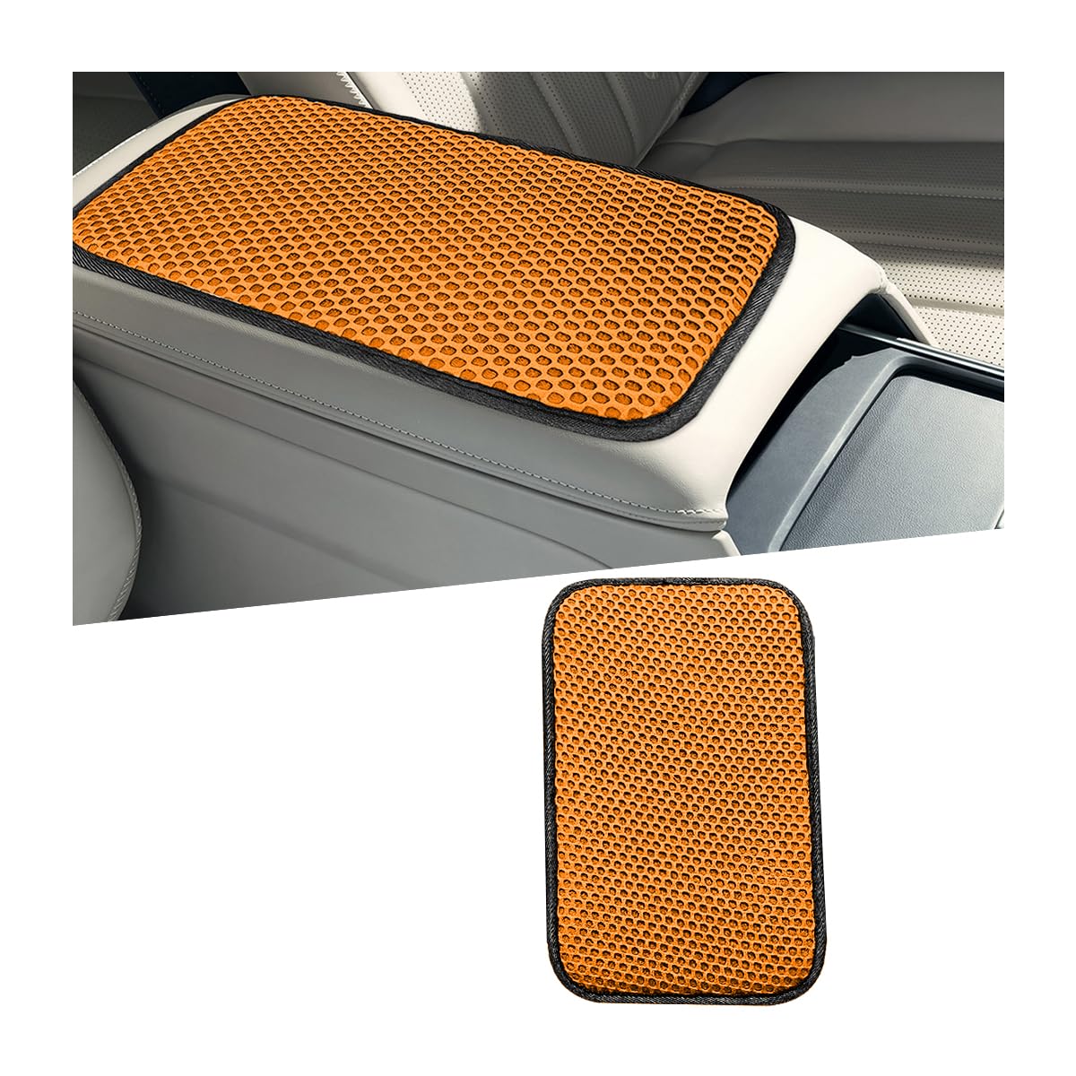Car Center Console Cover, 3D Honeycomb Ice Silk Vehicle Arm Rest Seat Box Protection Pad, Breathable Automotive Interior Middle Console Cushion Mat, Universal for Truck SUV Sedan (Yellow)