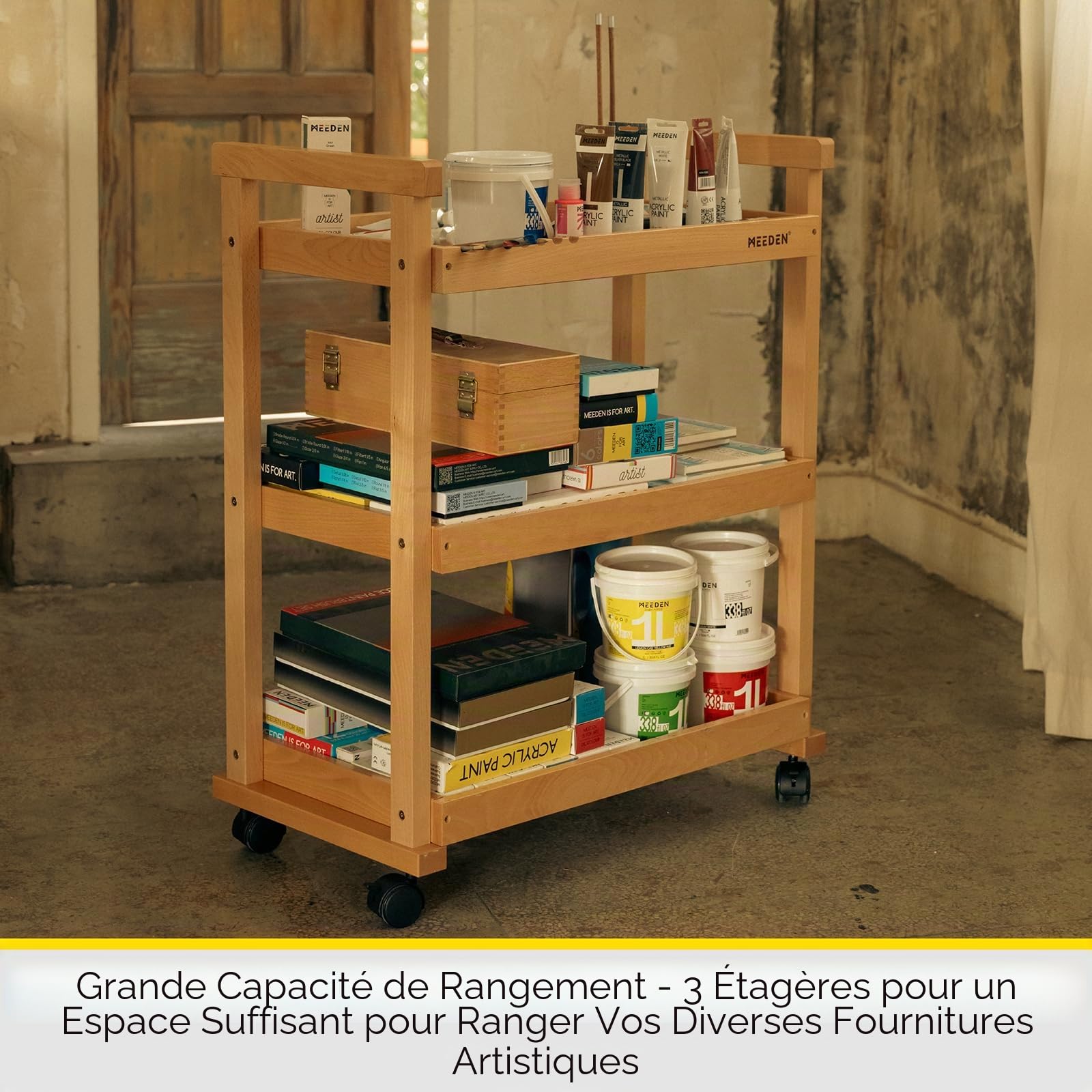 MEEDEN Art Cart Storage Organizer,Carrello da Studio a 3 livelli Con rotelle,Carrello di stoccaggio multifunzionale Unità di scaffalatura su ruote,Faggio massiccio Art Supplies Studio Cart Classroom