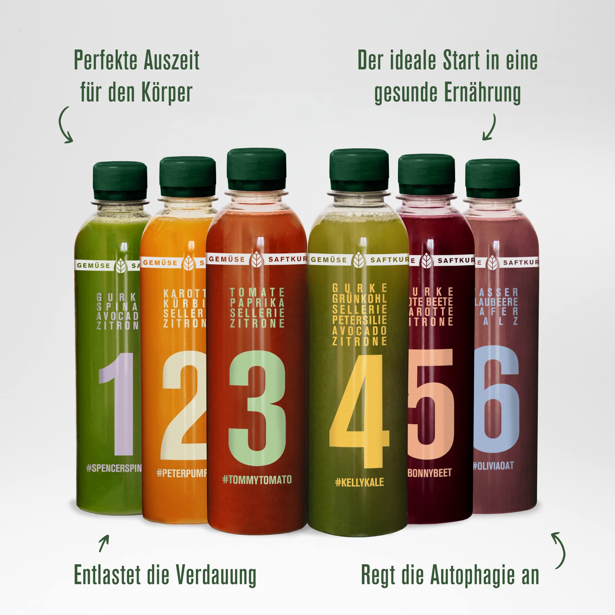 Kale&Me Saftkur Gemüse 3 Tage – 18 nummerierte Flaschen mit je 320 ml – 6 verschiedene kaltgepresste Säfte aus 98% Gemüse – herber Geschmack – vegan, ohne Zusatz- & Konservierungsstoffe – mit Kurguide