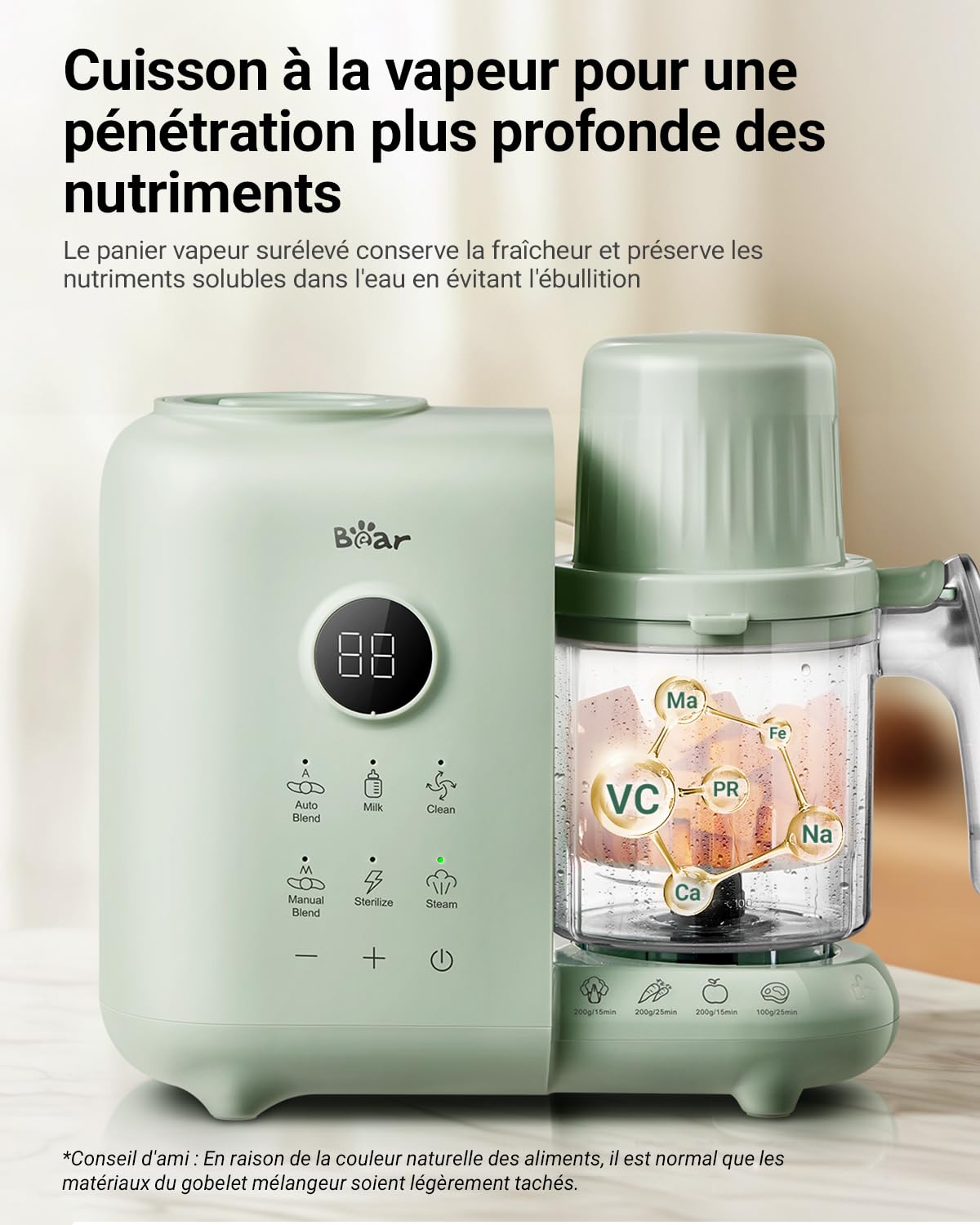 Bear Robot Cuiseur Mixeur Bébé avec Panier Vapeur 500ml,Robot Cuiseur Bebe Multifonctions Automatique Pour Purées Maison Sain,Désinfection,Fonction De Nettoyage Automatique,Sans BPA