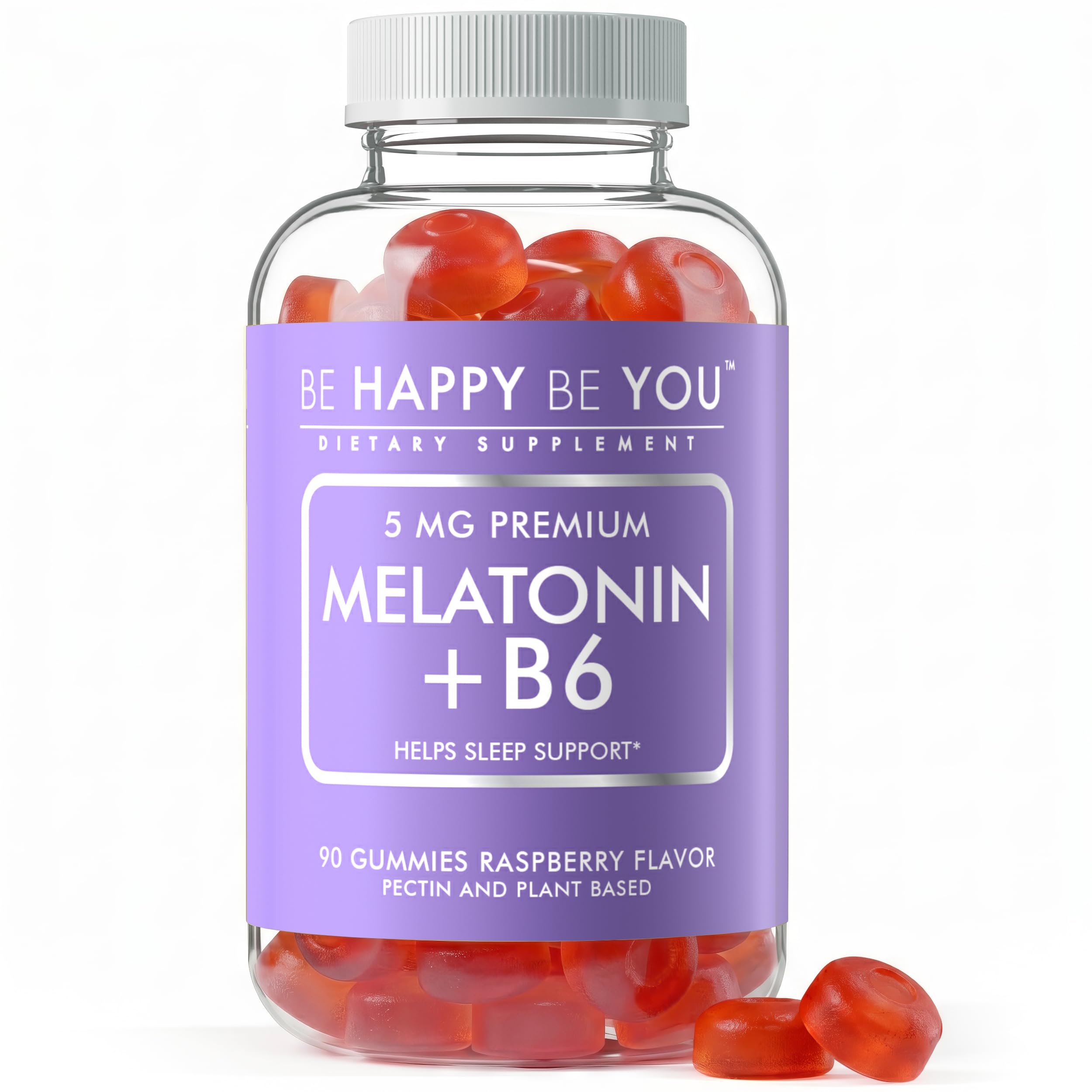 Be Happy Be You Melatonin Gummies 5mg with Vitamin B6, Sleep Support Supplement for Adults, Pectin Based Vegan Gummies, Raspberry Flavor, 90 Count