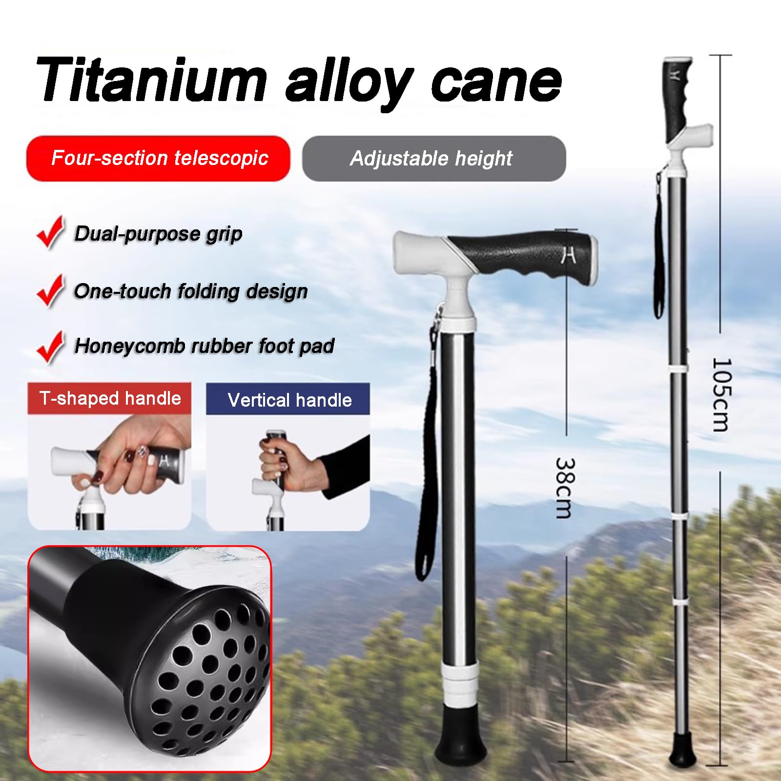 Bastoncini da trekking Bastone da passeggio in titanio-telescopico a 4 sezioni 3 altezze regolabili canna portatile ultra luce adatto per lo zaino in spalla(1PC)