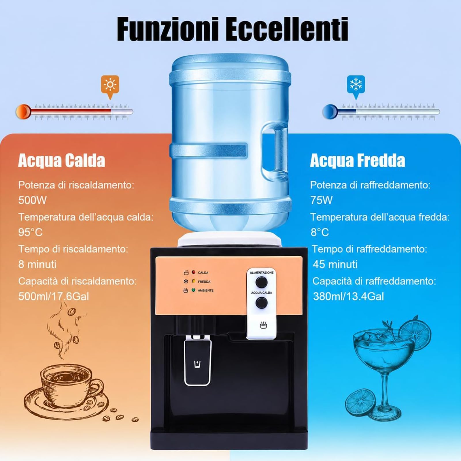 Raffreddatore Acqua Elettrico da Banco con Caricamento dall'Alto, distributore d'Acqua con 3 uscite, distributore d'Acqua per casa, Ufficio, Cucina,005,LCE Warm Hot