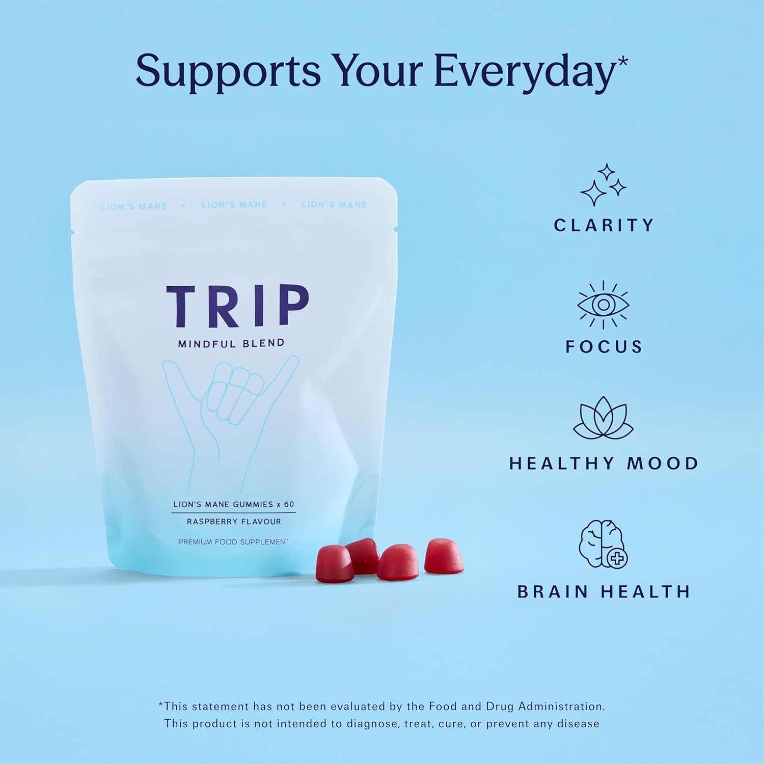 TRIP Lion’s Mane Gummies with 2000mg Lion’s Mane Mushrooms Extract Per Serving, Vegan, Naturally Flavored On the Go Chewable Gummy, Delicious Raspberry Flavor, 1 Bag, 60 Count - Image 2