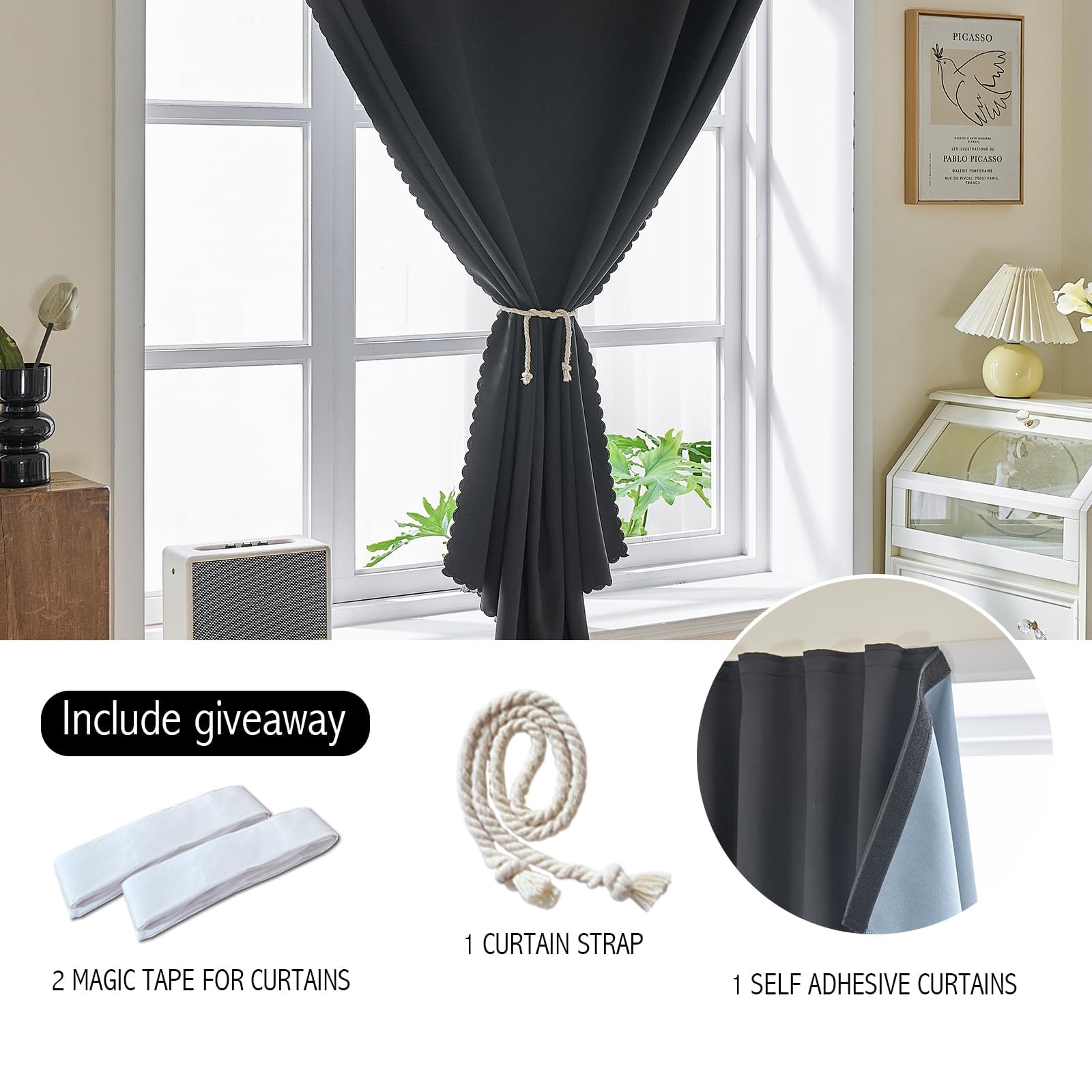 Photo 1 of AJAZZ Self Adhesive Curtains 100% Blackout Shades Window Cover Sticky Curtain Portable Easy Open Blackout Curtains for Bedroom Living Room No Drilling (Black, 47" W x 96" L) 1 Panel