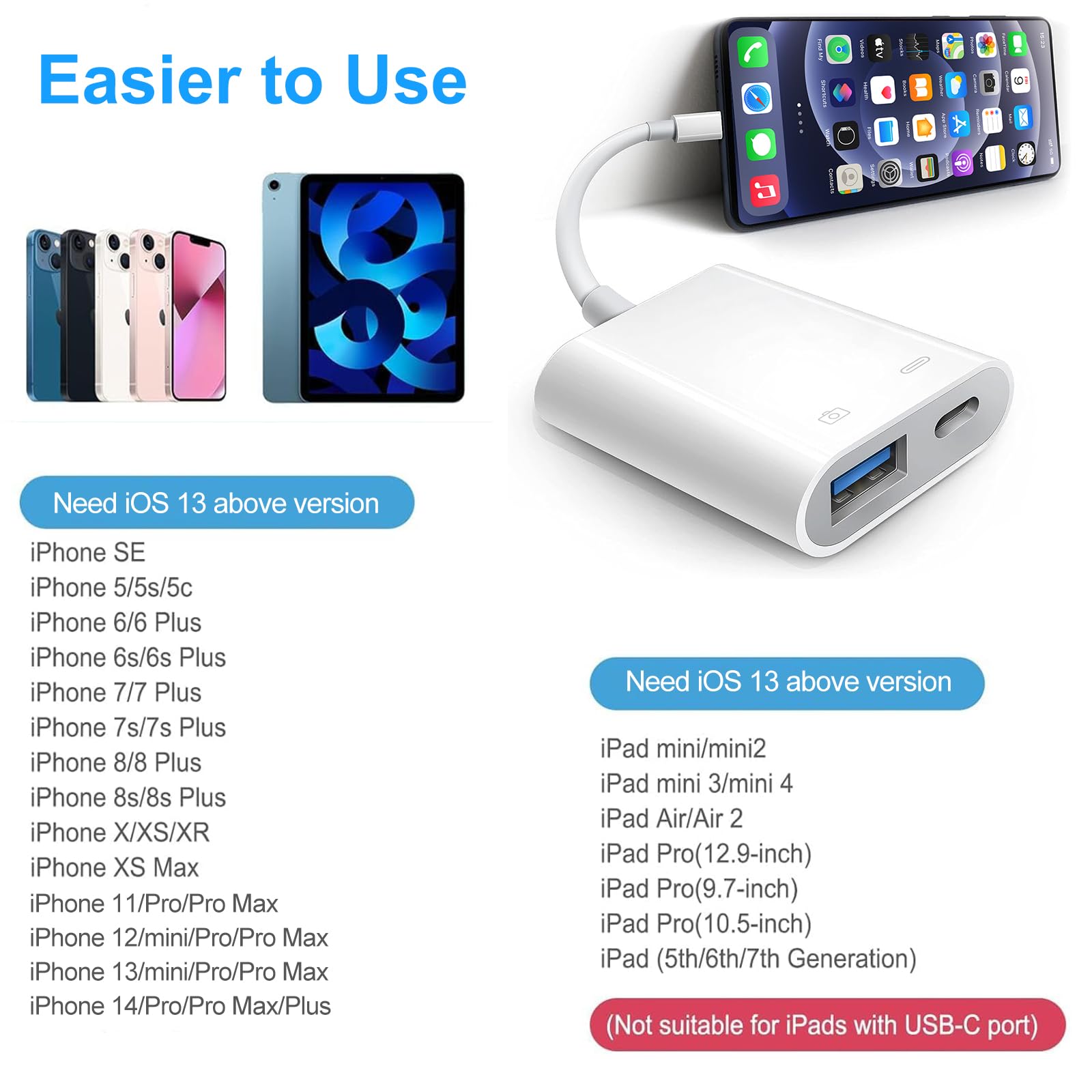 [Certificato Apple MFi] Adattatore Lightning a USB OTG per iPhone 14/13/12/11, Adattatore Fotocamera da Lightning a USB con porta di ricarica, Supporta U Disk, MIDI, lettore di schede, mouse, tastiera