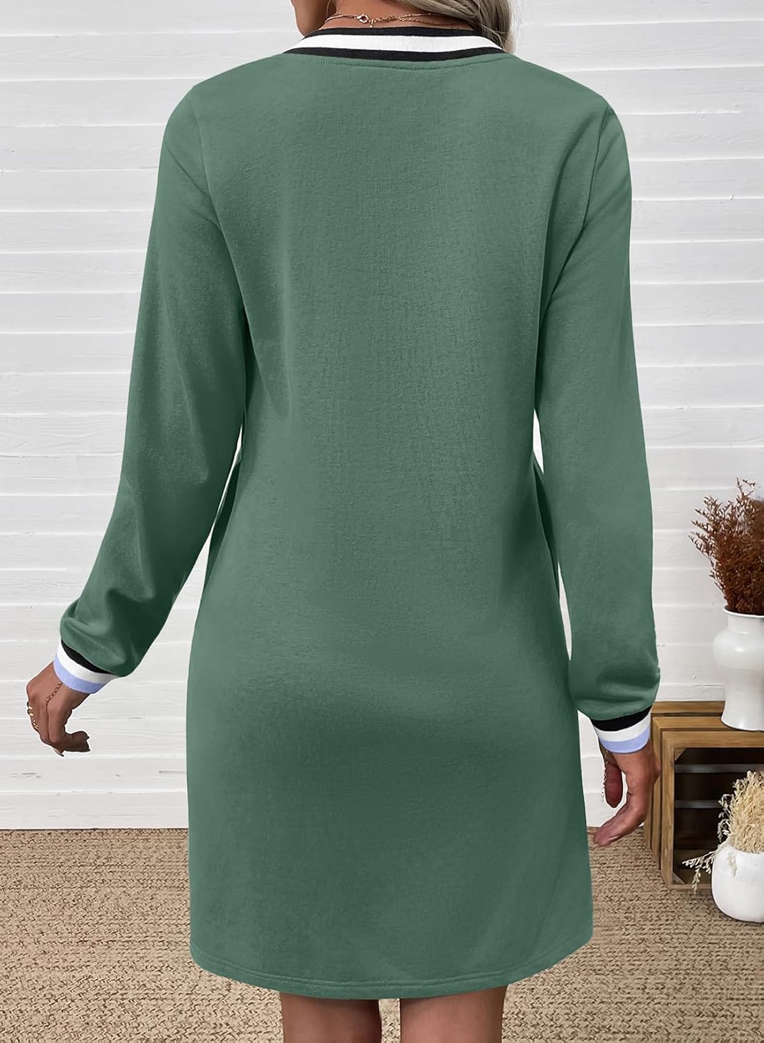 EVALESS Womens Dresses 2026 Spring Fall V Neck Long Sleeve Casual Tshirt Dress Contrast Striped Sweatshirt Dress - Image 4