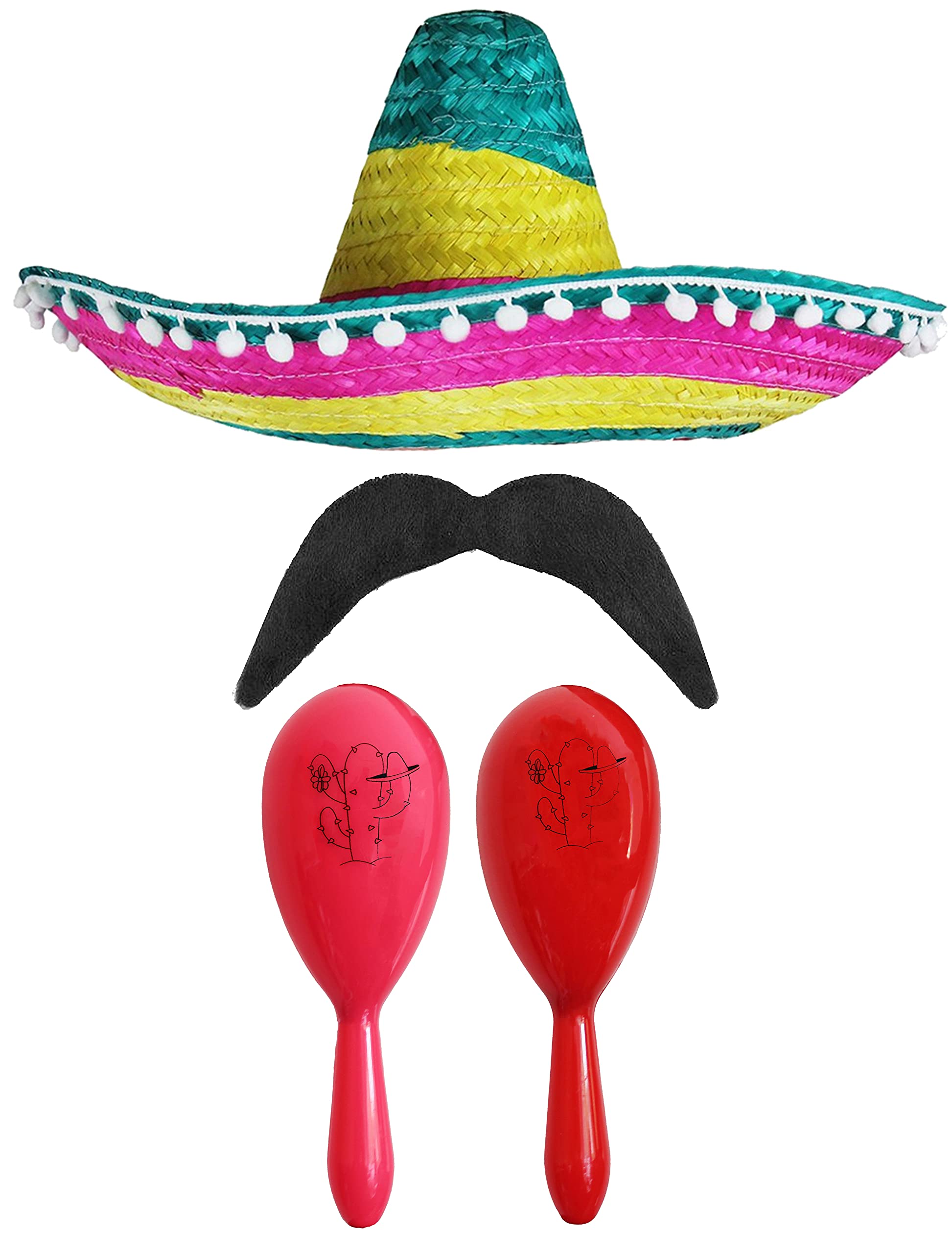Adults Mexican Accessory Set - Multicoloured Mexican Sombrero, Pink & Red Maracas, Moustache - Cinco de Mayo Sensorita Bandit Mariachi Fancy Dress Costume Accessory Set โ image 1