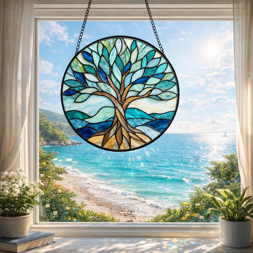 Atrapasueños colgante de ventana con diseño de árbol de la vida, atrapasueños costeros azul océano con olas rodantes, regalo de decoración del hogar de cristal para mujeres, madre jardineras
