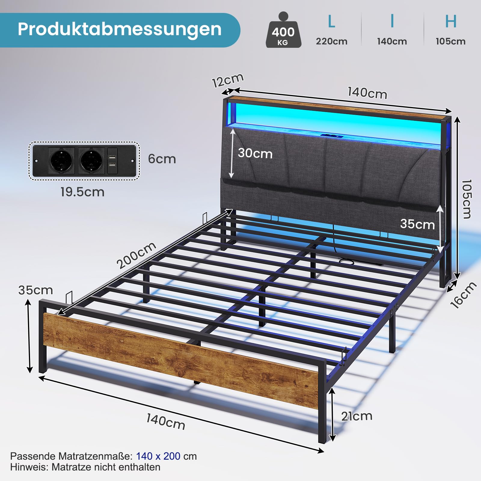 Brinlawb Bett 140x200 cm mit LED Beleuchtung und Ladestation (2 AC-Steckdosen, USB-A, USB-C) Jugendbett 140x200 mit gepolstertem Kopfteil und 2 offenen Regalen, Bettgestell 140x200cm, Metallbett, Grau